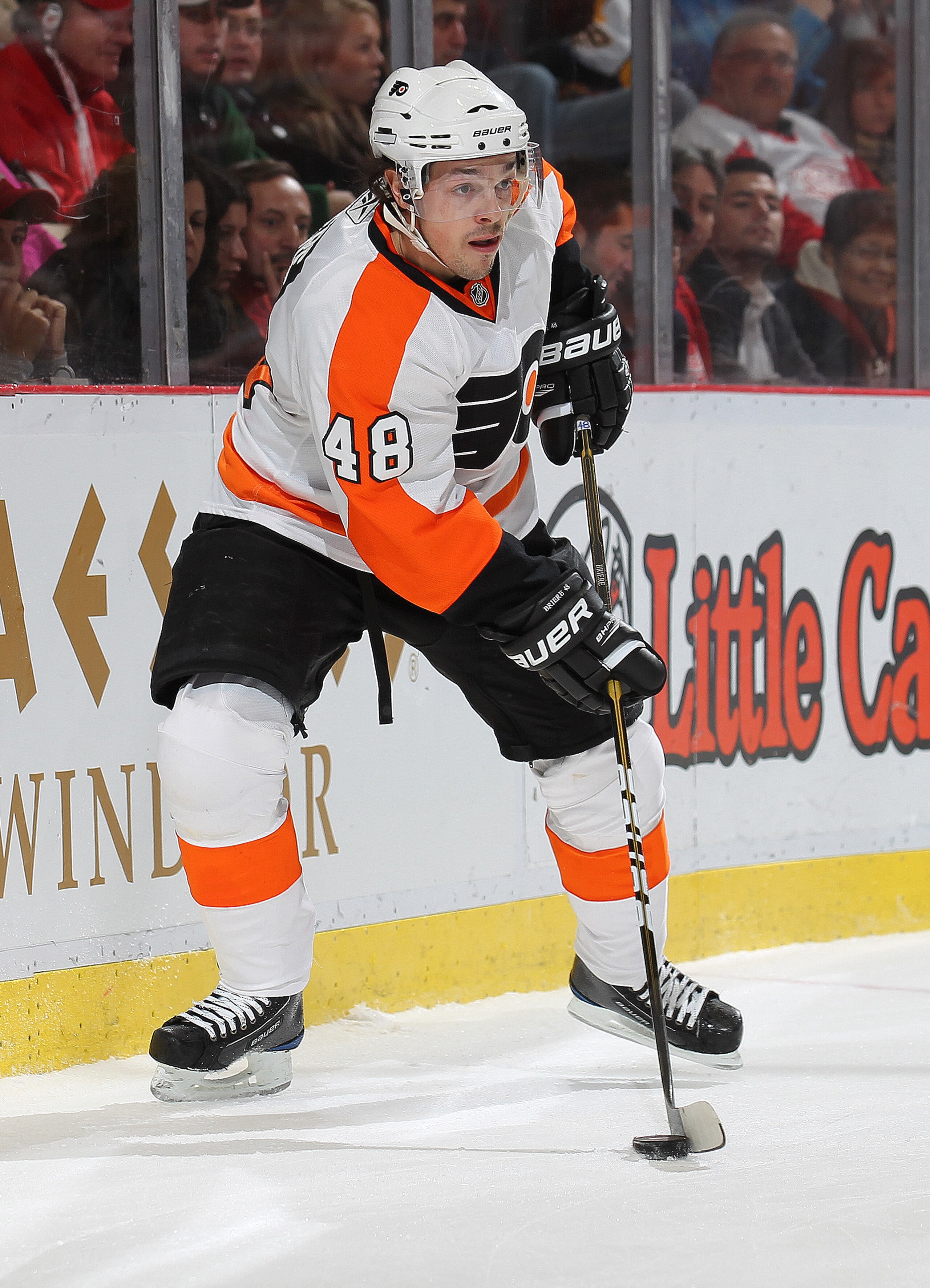 DETROIT, MI - JANUARY 2:  Daniel Briere #48 of the Philadelphia Flyers controls the puck in a game against the Detroit Red Wings on January 2, 2011 at the Joe Louis Arena in Detroit, Michigan. (Photo by Claus Andersen/Getty Images)
