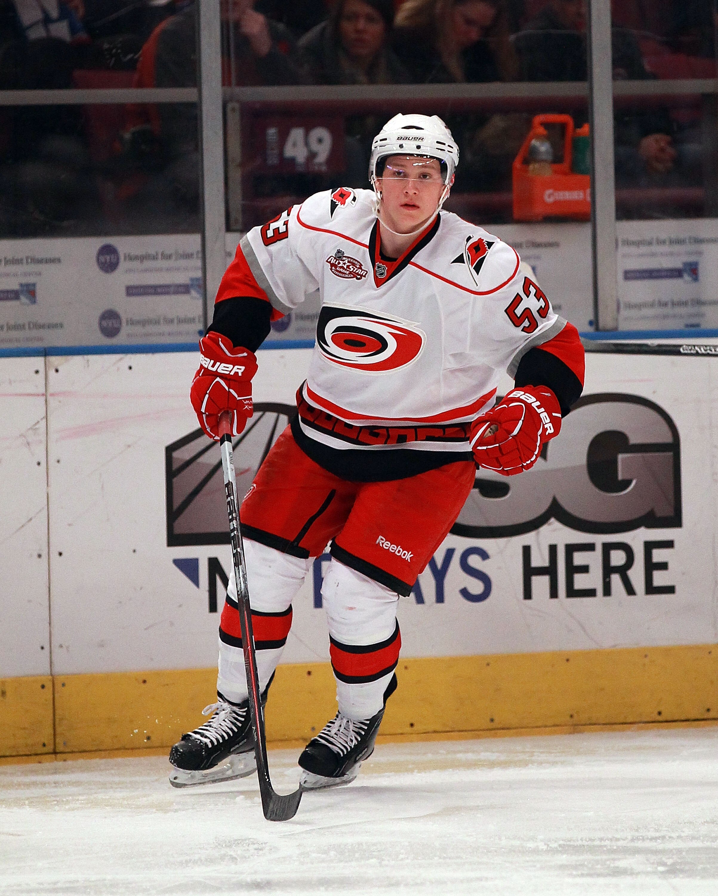 NEW YORK, NY - JANUARY 05:  Jeff Skinner #53 of the Carolina Hurricanes skates against the New York Rangers at Madison Square Garden on January 5, 2011 in New York City. The Rangers defeated the Hurricanes 2-1 in overtime.  (Photo by Bruce Bennett/Getty I