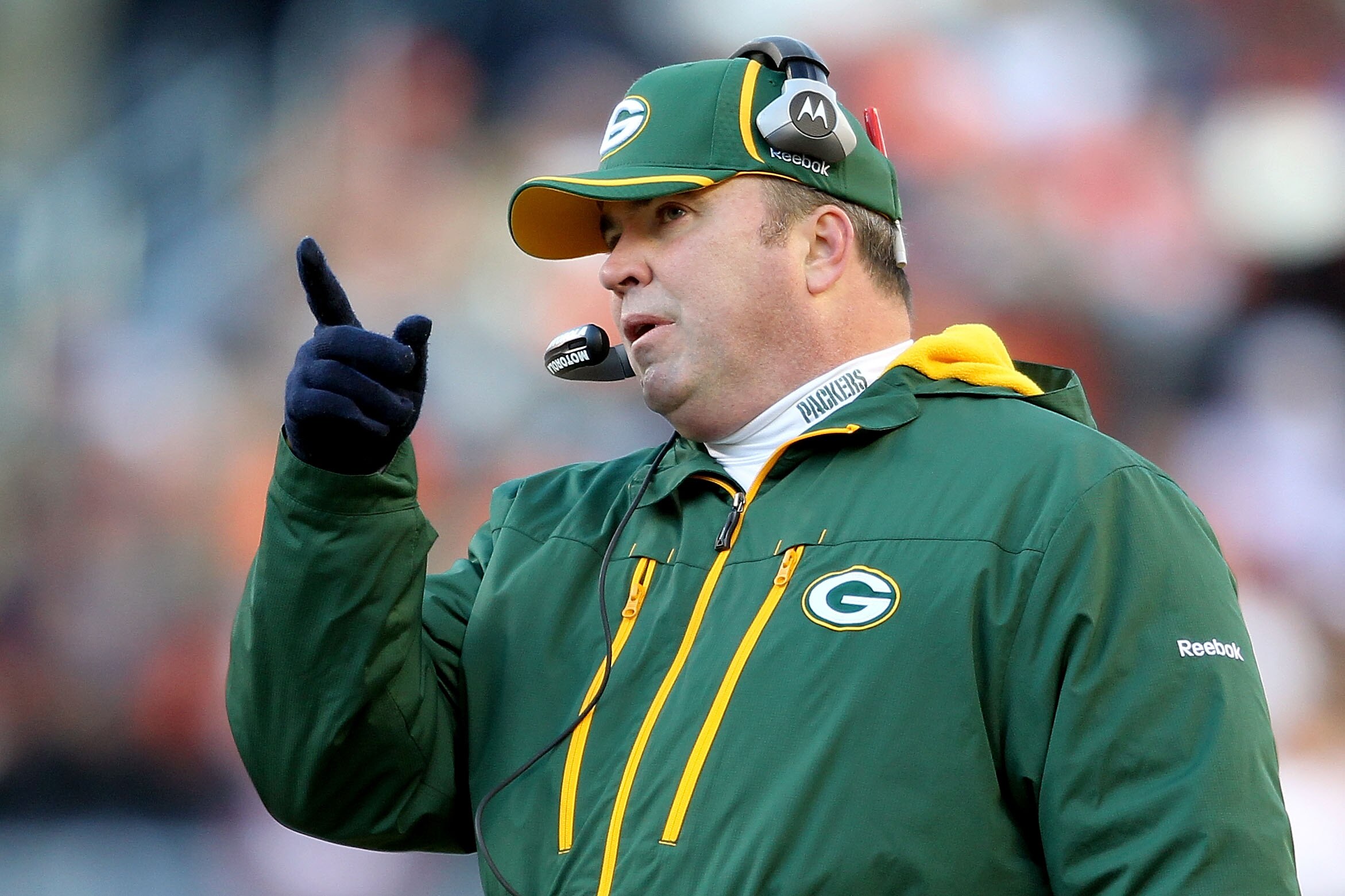 CHICAGO, IL - JANUARY 23:  Head coach Mike McCarthy of the Green Bay Packers points from the sideline in the second quarter against the Chicago Bears in the NFC Championship Game at Soldier Field on January 23, 2011 in Chicago, Illinois.  (Photo by Andy L