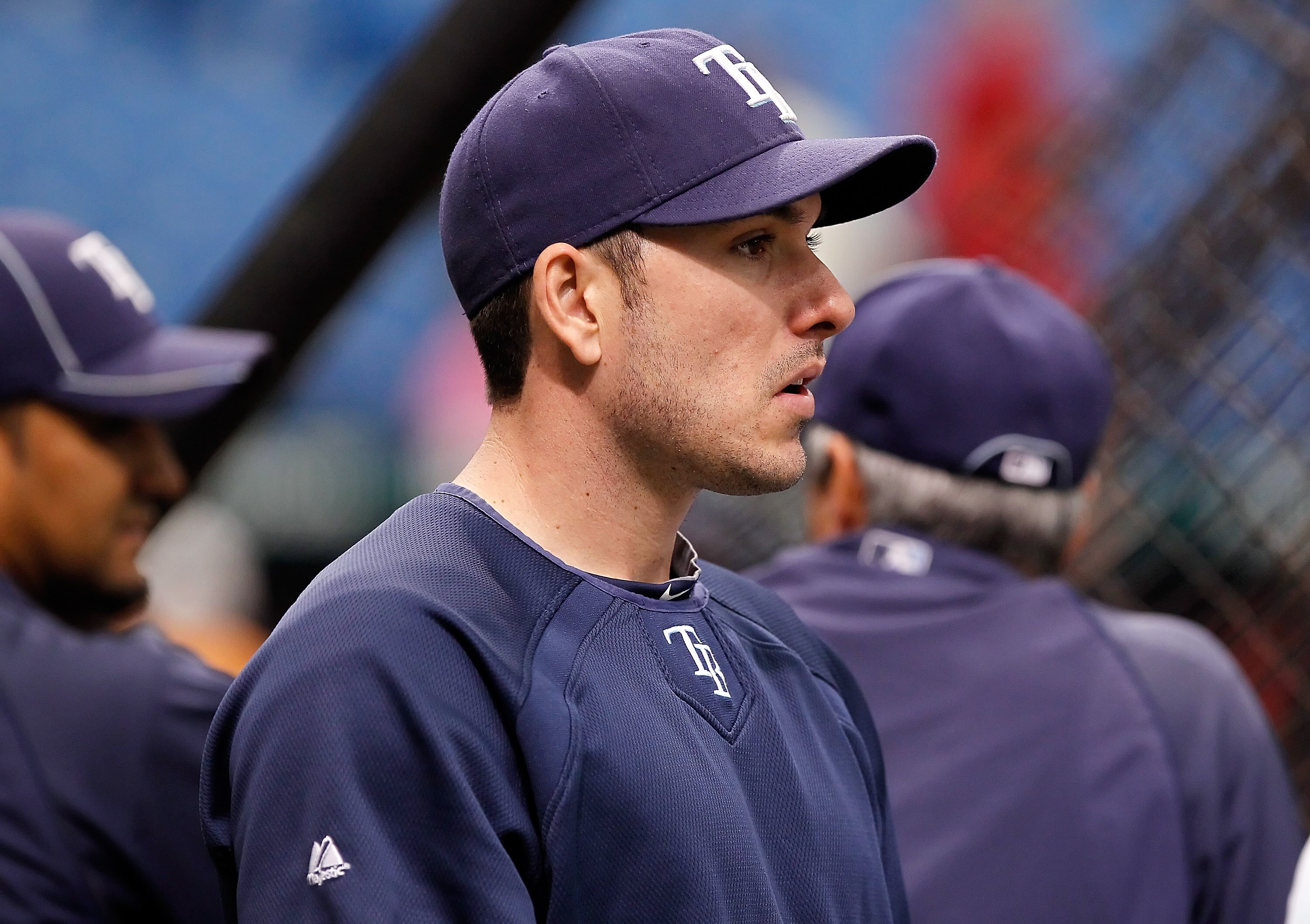 ST. PETERSBURG - OCTOBER 07:  Outfielder Matt Joyce #20 of the Tampa Bay Rays waits his turn during batting practice just prior to the start of Game 2 of the ALDS against the Texas Rangers at Tropicana Field on October 7, 2010 in St. Petersburg, Florida.