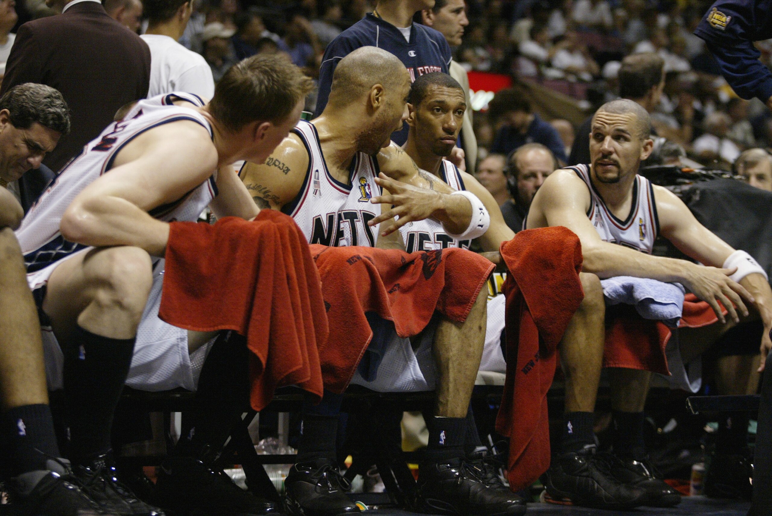 EAST RUTHERFORD, NJ - JUNE 9: (L-R)Keith Van Horn #44, Kenyon Martin #6, Kerry Kittles #30 and Jason Kidd #5 of the New Jersey Nets talk on the bench in Game three of the 2002 NBA Finals against the Los Angeles Lakers at Continental Airlines Arena in Eas EAST RUTHERFORD, NJ - JUNE 9: (L-R)Keith Van Horn #44, Kenyon Martin #6, Kerry Kittles #30 and Jason Kidd #5 of the New Jersey Nets talk on the bench in Game three of the 2002 NBA Finals against the Los Angeles Lakers at Continental Airlines Arena in Eas