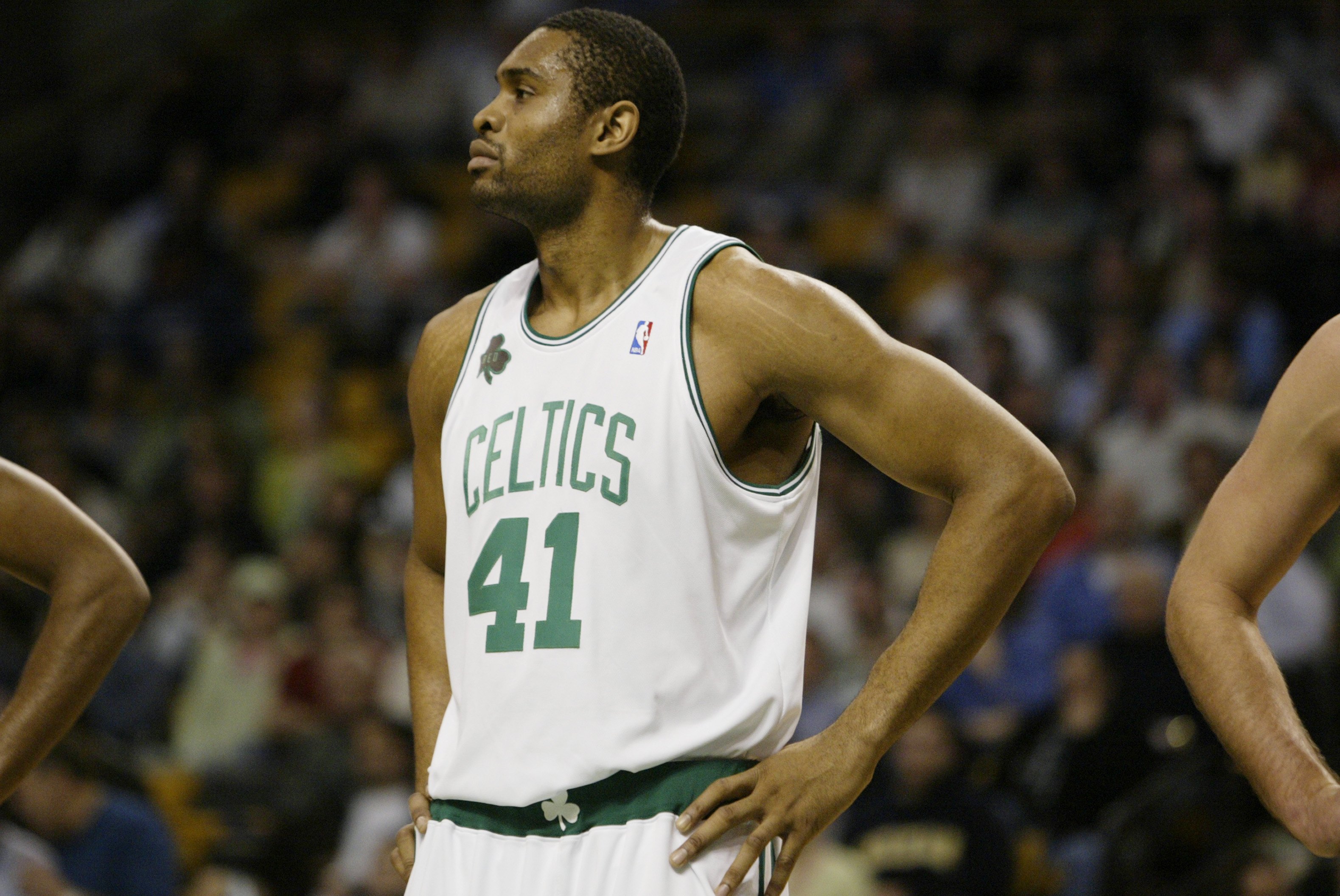 BOSTON - NOVEMBER 15: Michael Olowokandi #41 of the Boston Celtics looks on against the Indiana Pacers on November 15, 2006 at the TD Banknorth Garden in Boston, Massachusetts. The Celtics defeated the Pacers 114-88. NOTE TO USER: User expressly acknowle BOSTON - NOVEMBER 15: Michael Olowokandi #41 of the Boston Celtics looks on against the Indiana Pacers on November 15, 2006 at the TD Banknorth Garden in Boston, Massachusetts. The Celtics defeated the Pacers 114-88. NOTE TO USER: User expressly acknowle