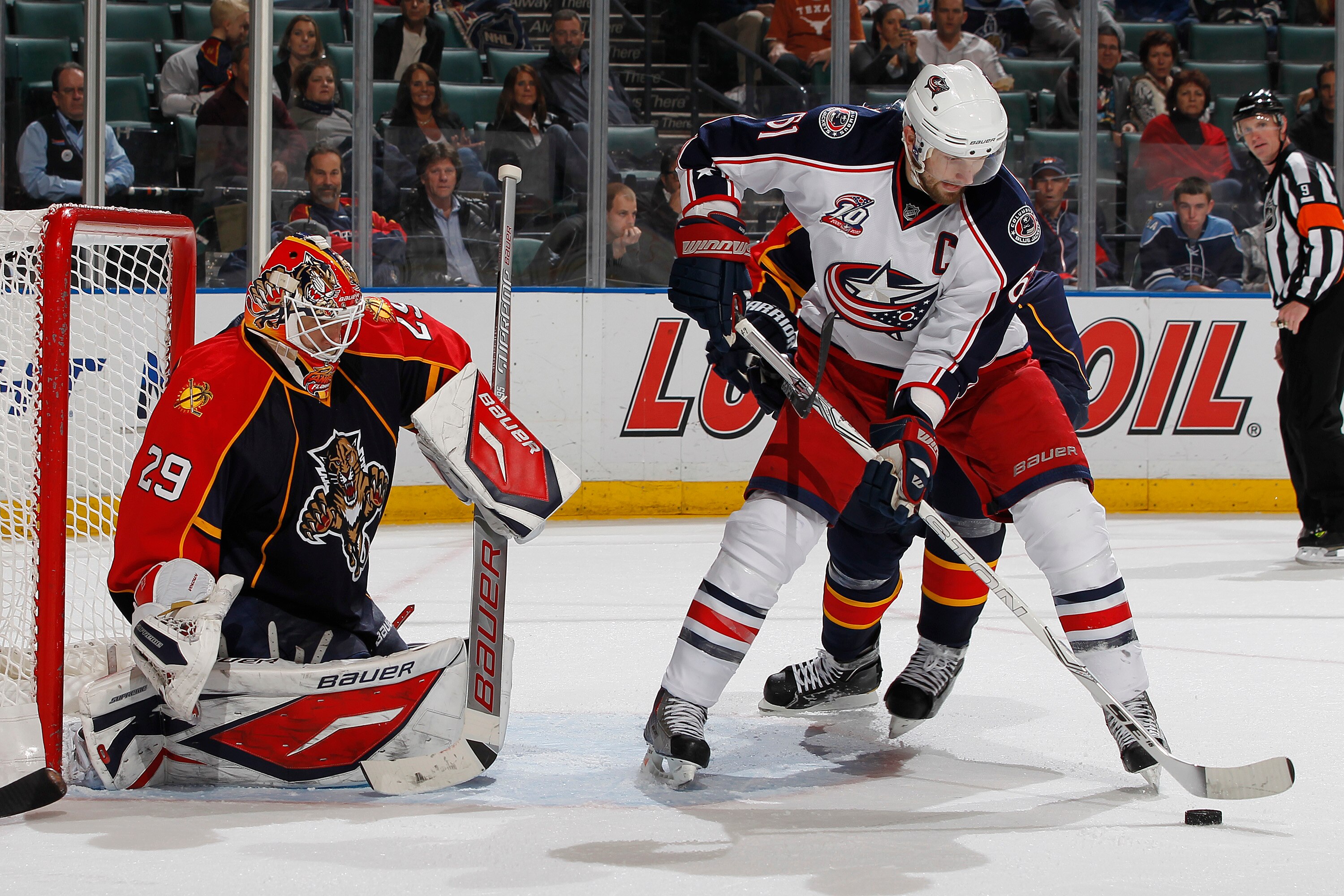 SUNRISE, FL - JANUARY 19: Goaltender Tomas Vokoun #29 of the Florida Panthers stops a shot by Rick Nash #61 of the Columbus Blue Jackets on January 19, 2011 at the BankAtlantic Center in Sunrise, Florida. (Photo by Joel Auerbach/Getty Images) SUNRISE, FL - JANUARY 19: Goaltender Tomas Vokoun #29 of the Florida Panthers stops a shot by Rick Nash #61 of the Columbus Blue Jackets on January 19, 2011 at the BankAtlantic Center in Sunrise, Florida. (Photo by Joel Auerbach/Getty Images)