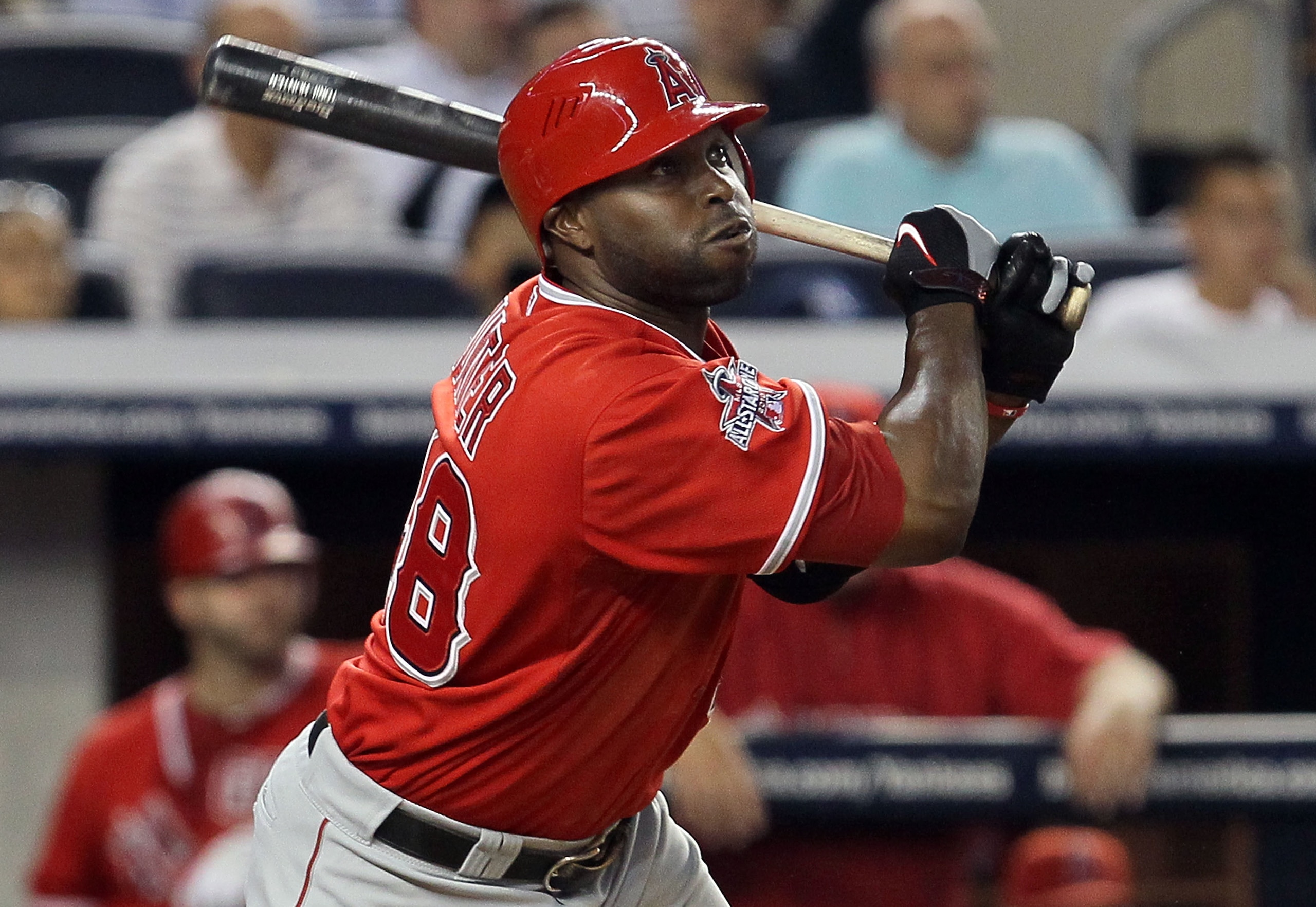 NEW YORK - JULY 20:  Torii Hunter #48 of the Los Angeles Angels of Anaheim bats against the New York Yankees on July 20, 2010 at Yankee Stadium in the Bronx borough of New York City.  (Photo by Jim McIsaac/Getty Images)
