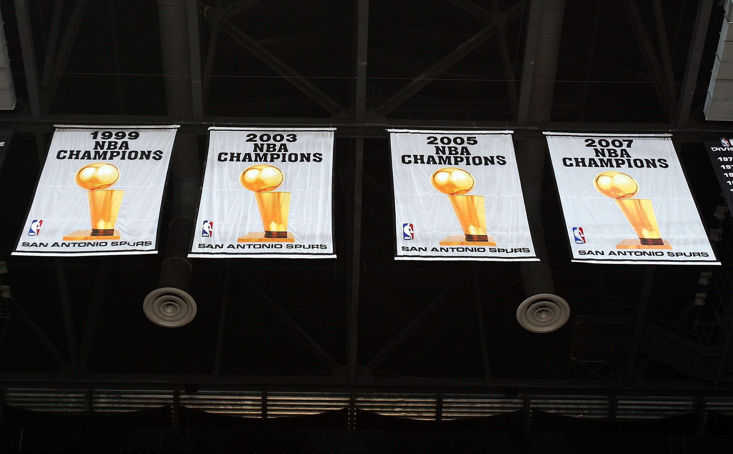SAN ANTONIO - APRIL 18:  NBA Championship banners of the San Antonio Spurs after Game One of the Western Conference Quarterfinals during the 2009 NBA Playoffs at AT&T Center on April 18, 2009 in San Antonio, Texas. NOTE TO USER: User expressly acknowledge