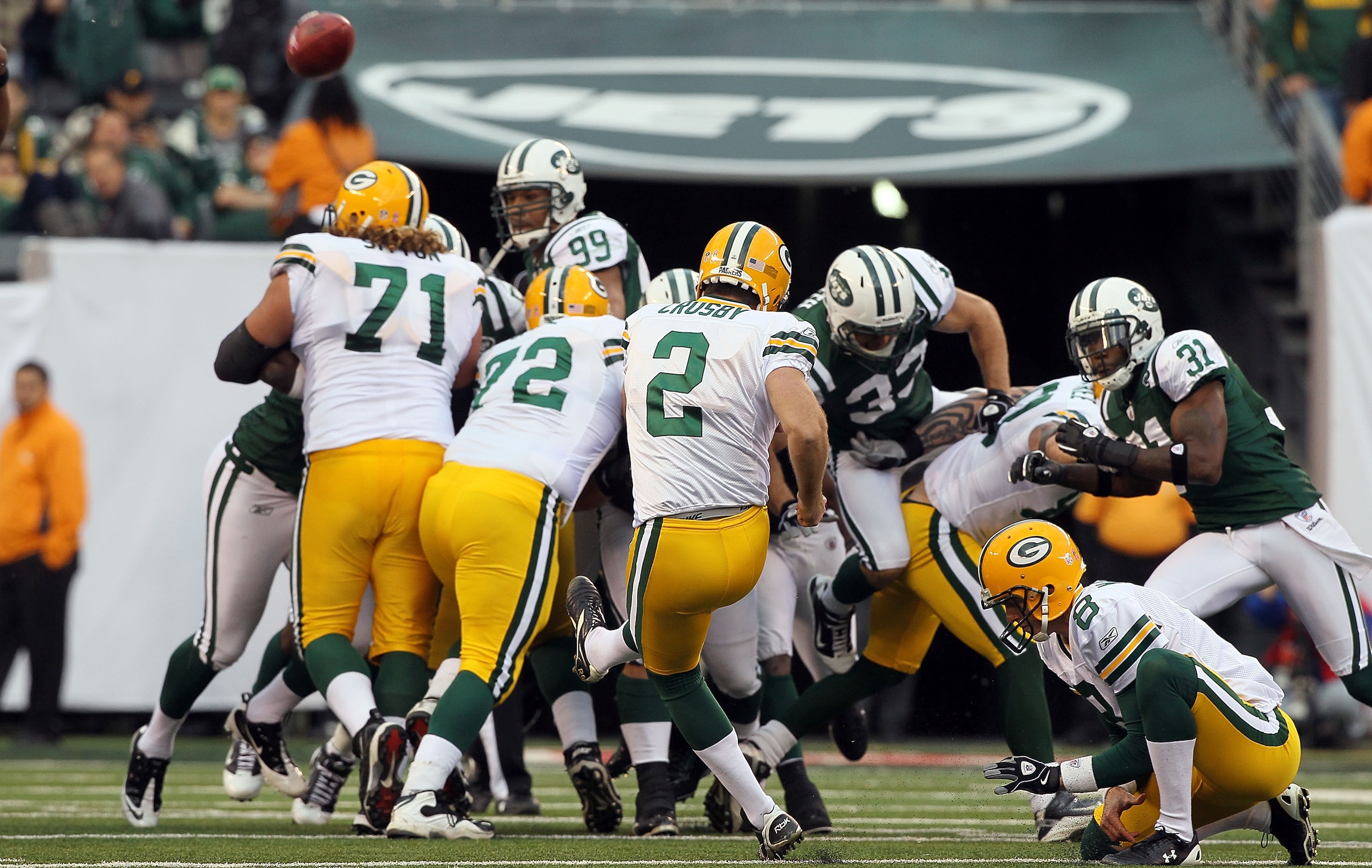 EAST RUTHERFORD, NJ - OCTOBER 31:  Mason Crosby #2 of the Green Bay Packers kicks a field goal late in the fourth quarter to give his team a 9-0 lead against the New York Jets on October 31, 2010 at the New Meadowlands Stadium in East Rutherford, New Jers