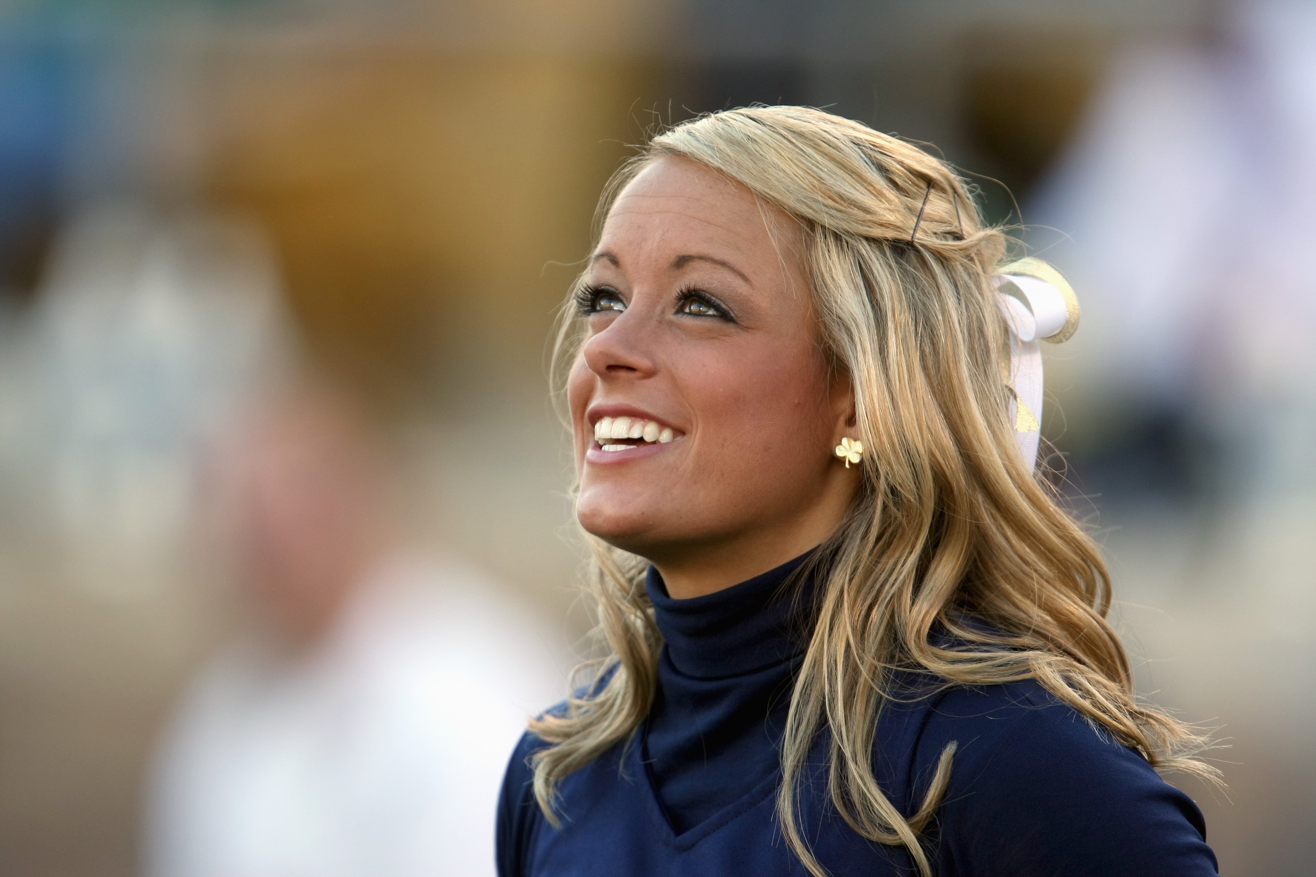 SOUTH BEND, IN - OCTOBER 20: A cheerleader of the Notre Dame Fighting Irish looks on before the game against the University of Southern California Trojans at Notre Dame Stadium October 20, 2007 in South Bend, Indiana. USC defeated Notre Dame 38-0. (Photo