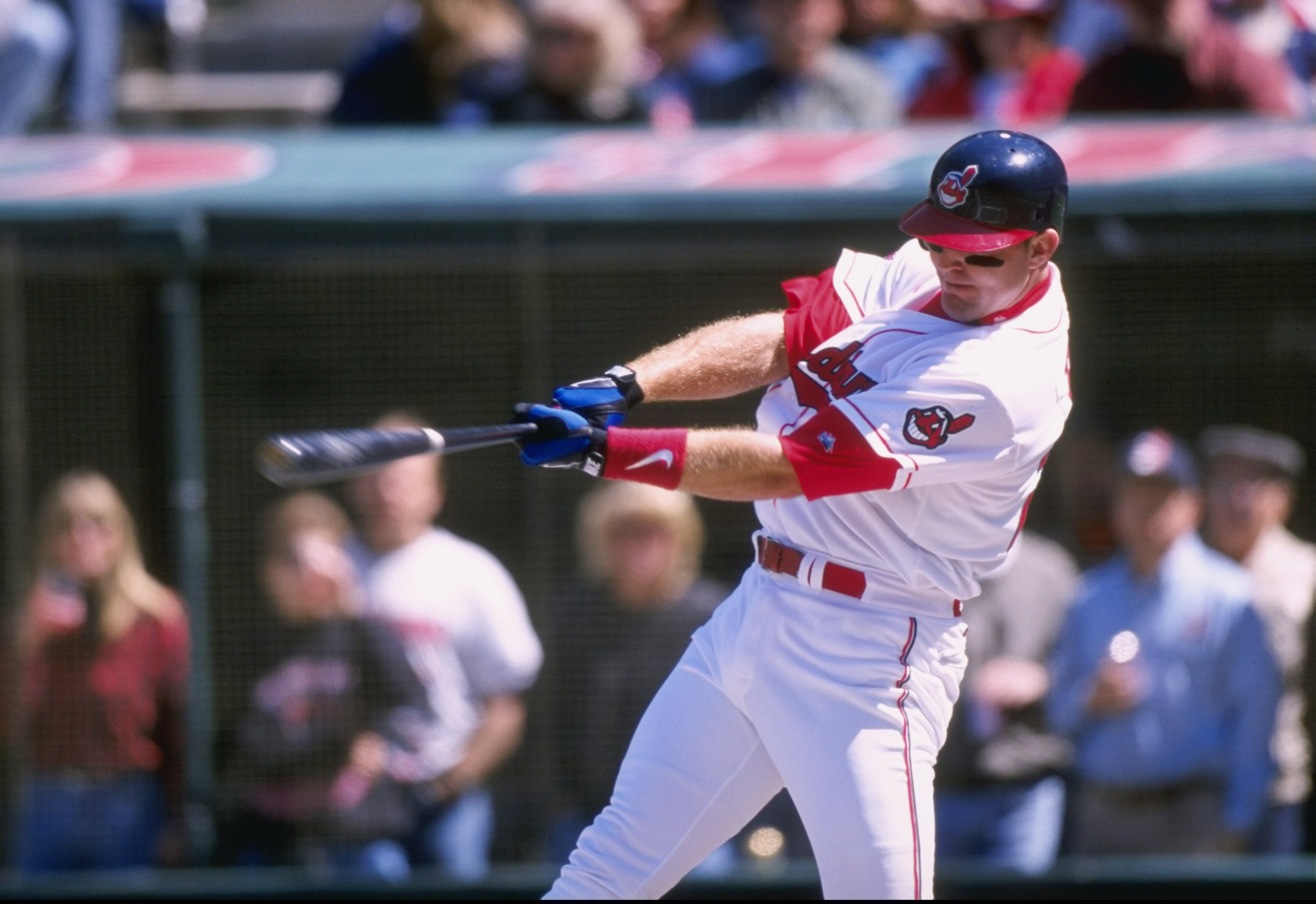 11 Apr 1998:  Infielder Jim Thome of the Cleveland Indians in action during a game against the Anaheim Angels at Jacobs Field in Cleveland, Ohio. The Indians defeated the Angels 7-4. Mandatory Credit: Rick Stewart  /Allsport