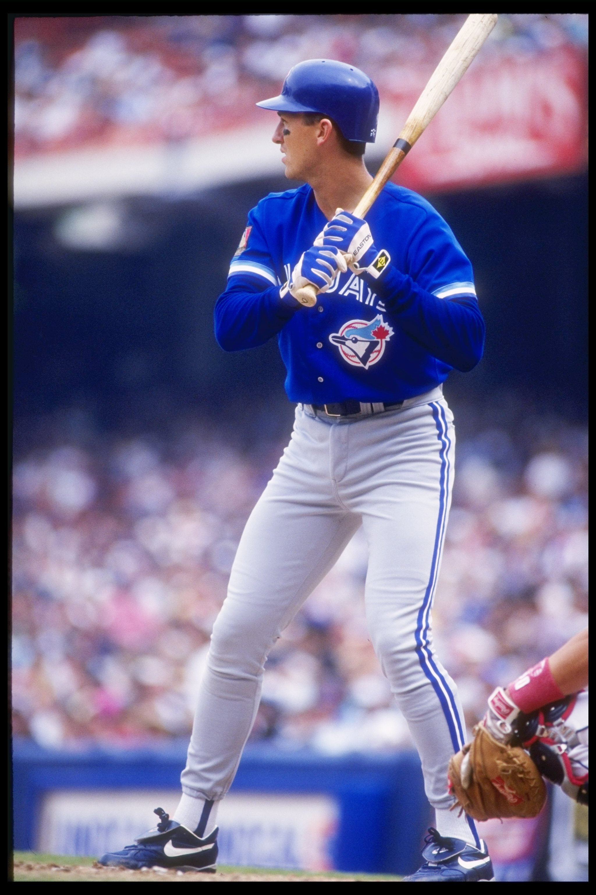 17 Apr 1994: First basemen John Olerud of the Toronto Blue Jays stands in the batters box during a game against the California Angels at Anaheim Stadium in Anaheim, California.