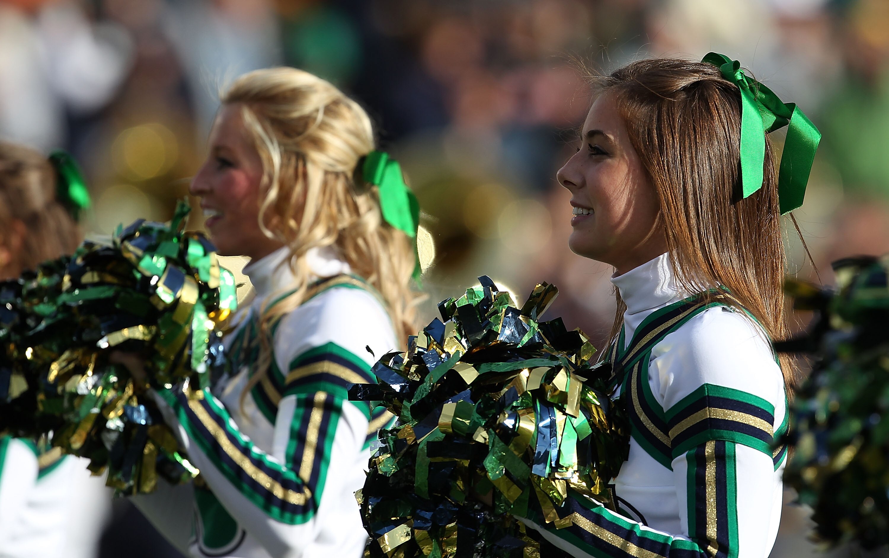 SOUTH BEND, IN - OCTOBER 30: Cheerleaders for the Notre Dame Fighting Irish perform during a game against the Tulsa Golden Hurricane at Notre Dame Stadium on October 30, 2010 in South Bend, Indiana. Tulsa defeated Notre Dame 28-27. (Photo by Jonathan Dani