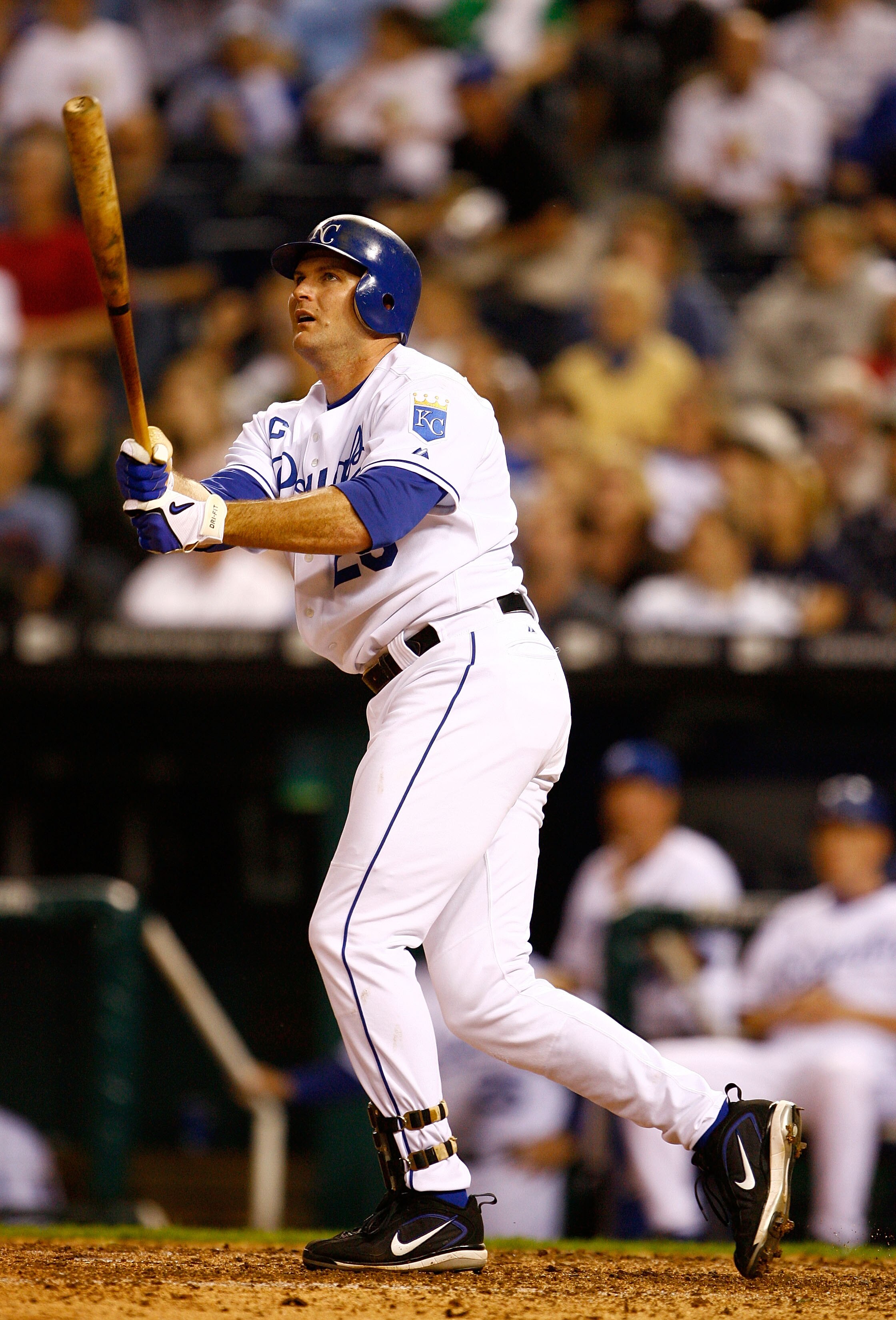 KANSAS CITY, MO - MAY 22:  Mike Sweeney #29 of the Kansas City Royals watches as the ball sails over the wall for a home run during the 6th inning of the game against the Cleveland Indians on May 22, 2007 at Kaufmann Stadium in Kansas City, Missouri.  (Ph