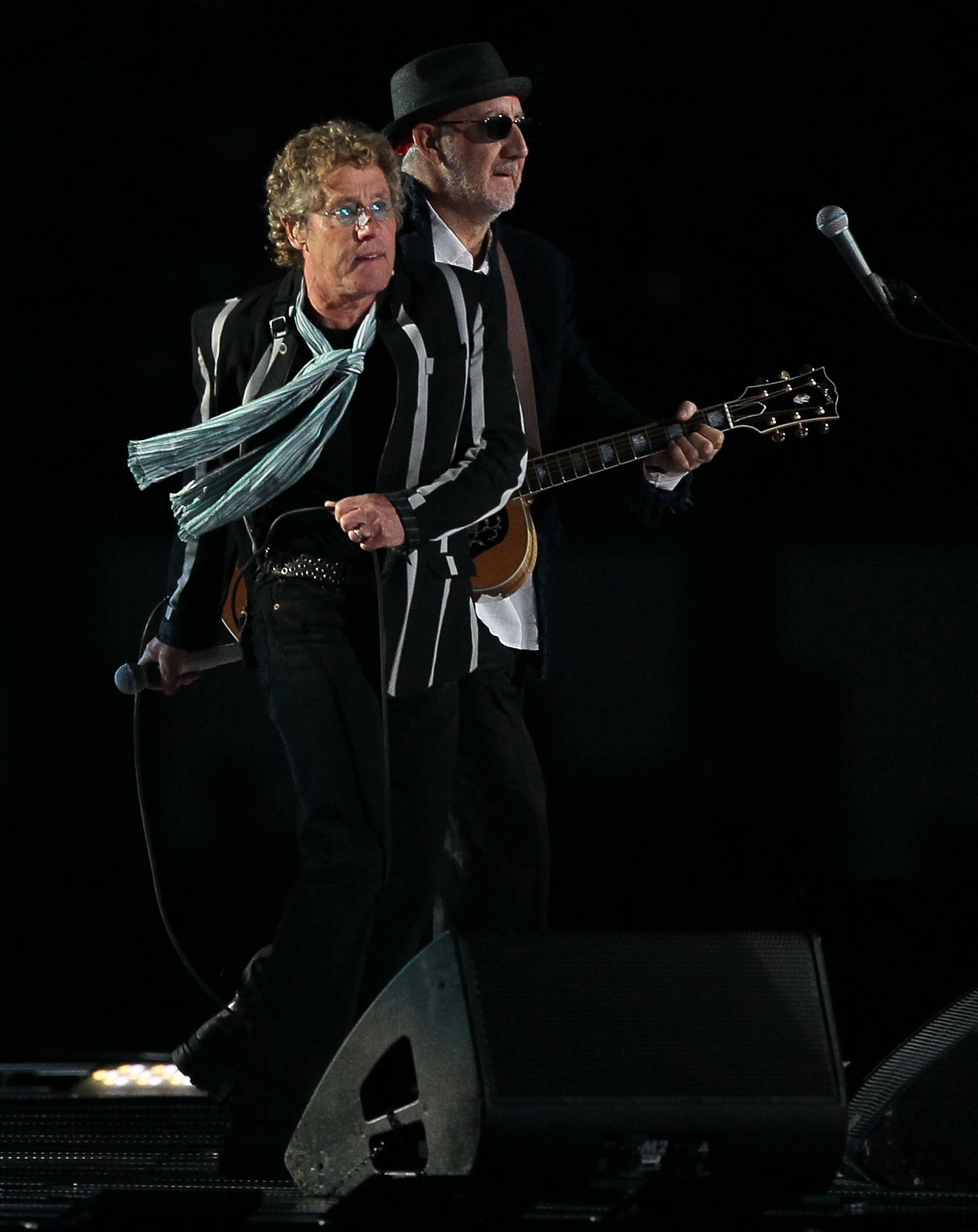 MIAMI GARDENS, FL - FEBRUARY 07:  Musician Roger Daltrey and Pete Townshend of The Who perform at halftime of Super Bowl XLIV between the Indianapolis Colts and the New Orleans Saints on February 7, 2010 at Sun Life Stadium in Miami Gardens, Florida.  (Ph