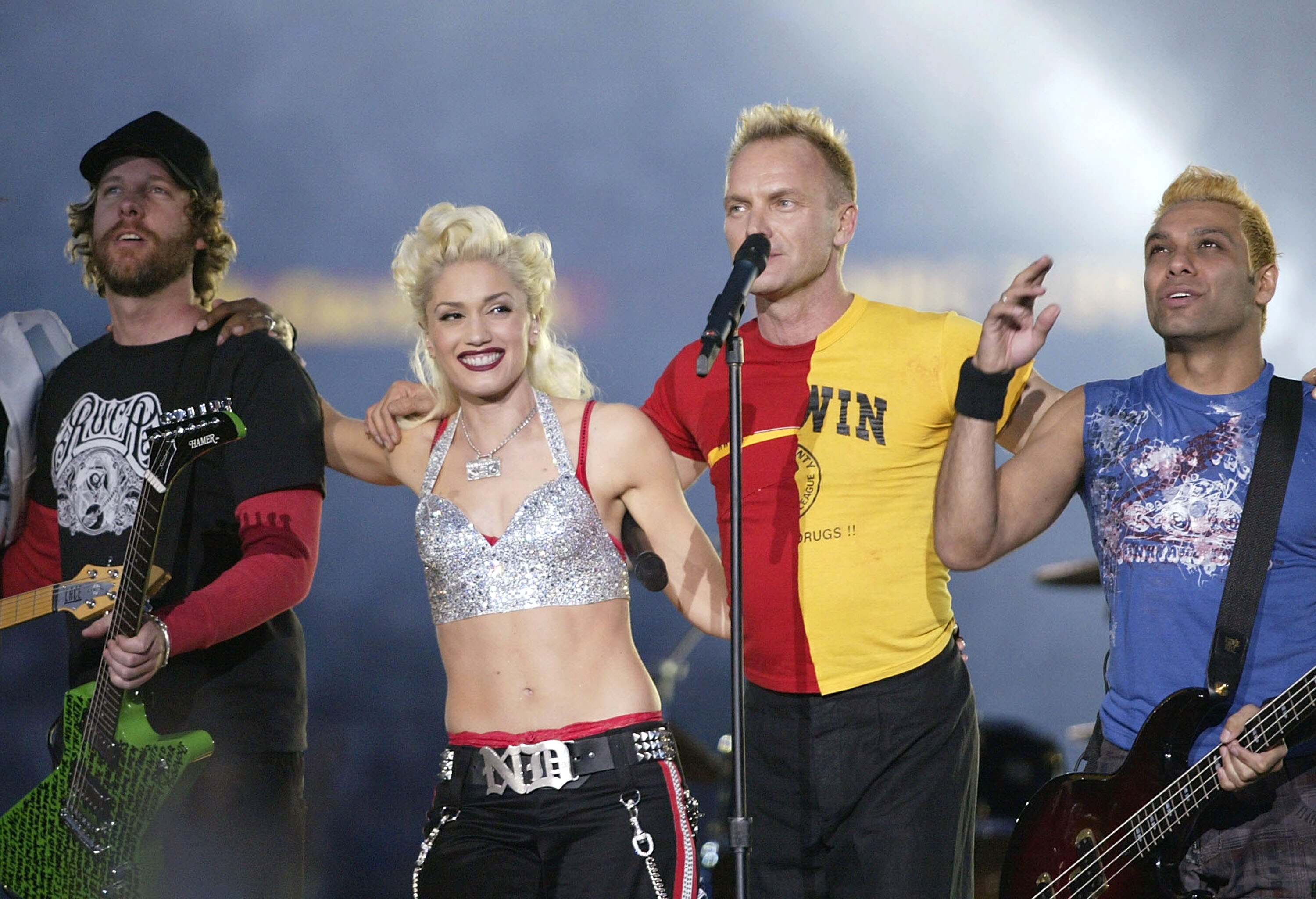 SAN DIEGO - JANUARY 26:  No Doubt and Sting perform during halftime of Super Bowl XXXVII between the Tampa Bay Buccaneers and the Oakland Raiders on January 26, 2003 at Qualcomm Stadium in San Diego, California.  The Bucs beat the Raiders 48-21.  (Photo b