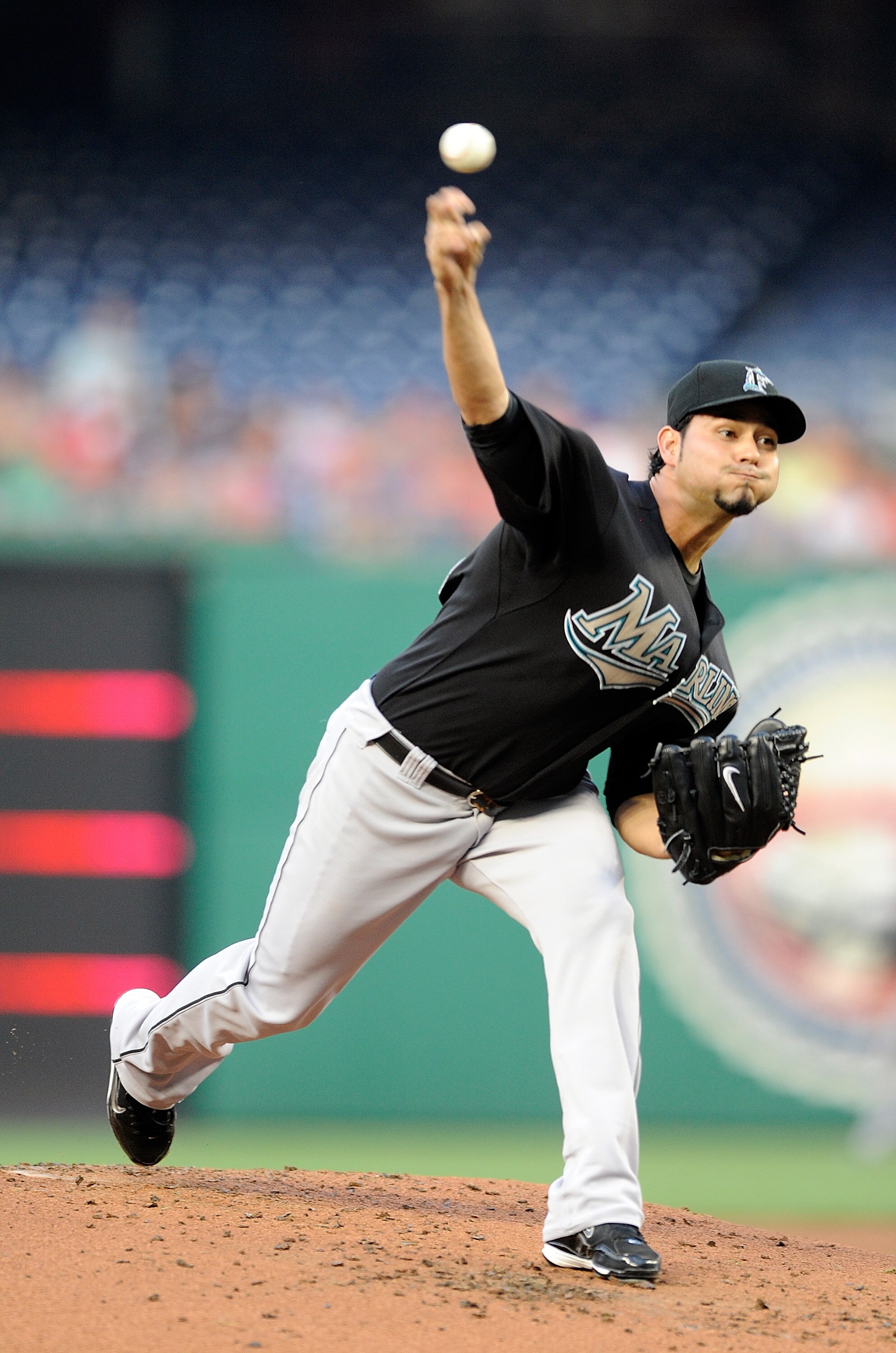WASHINGTON - AUGUST 10:  Anibal Sanchez #19 of the Florida Marlins pitches against the Washington Nationals at Nationals Park on August 10, 2010 in Washington, DC.  (Photo by Greg Fiume/Getty Images)