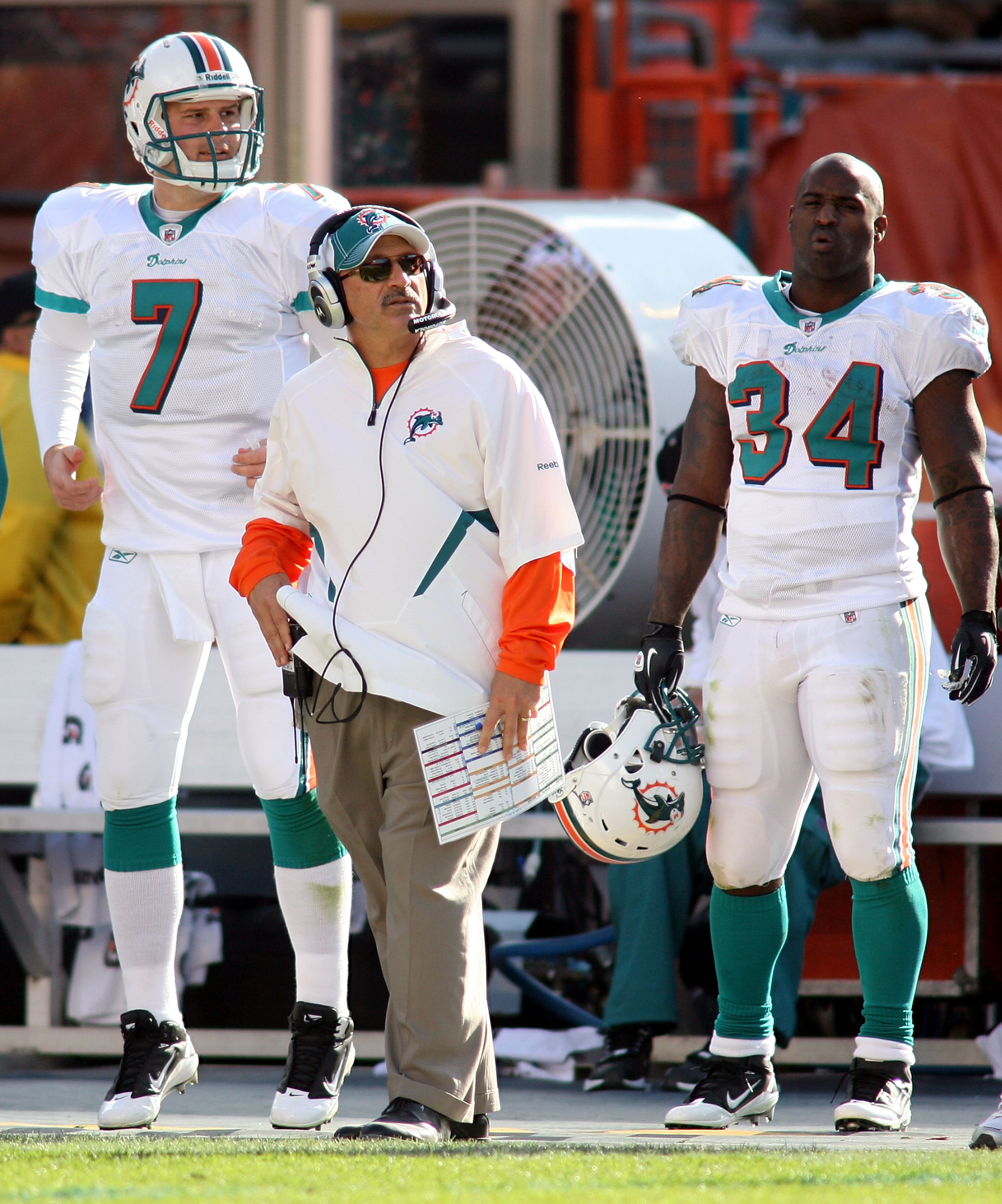 MIAMI - DECEMBER 26: (L-R) Quarterback Chad Henne #7, coach Tony Sparano and running back Ricky Williams #34 of the Miami Dolphins look on from the sidelines against the Detroit Lions at Sun Life Stadium on December 26, 2010 in Miami, Florida.  (Photo by