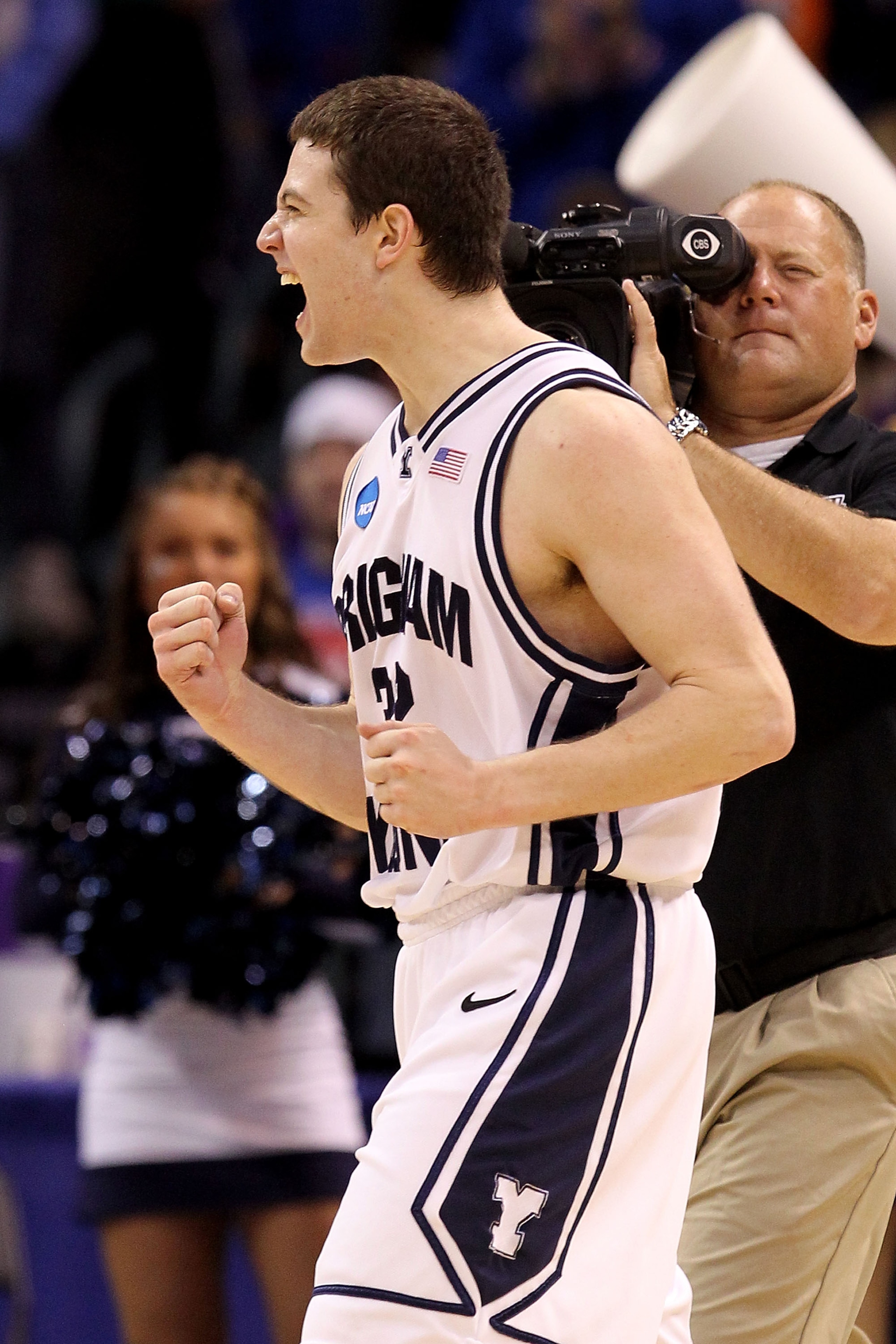 OKLAHOMA CITY - MARCH 18:  Jimmer Fredette #32 of the BYU Cougars celebrates after BYU won in 99-92 double in overtime against the Florida Gators during the first round of the 2010 NCAA menï¿½s basketball tournament at Ford Center on March 18, 2010 in Oklah