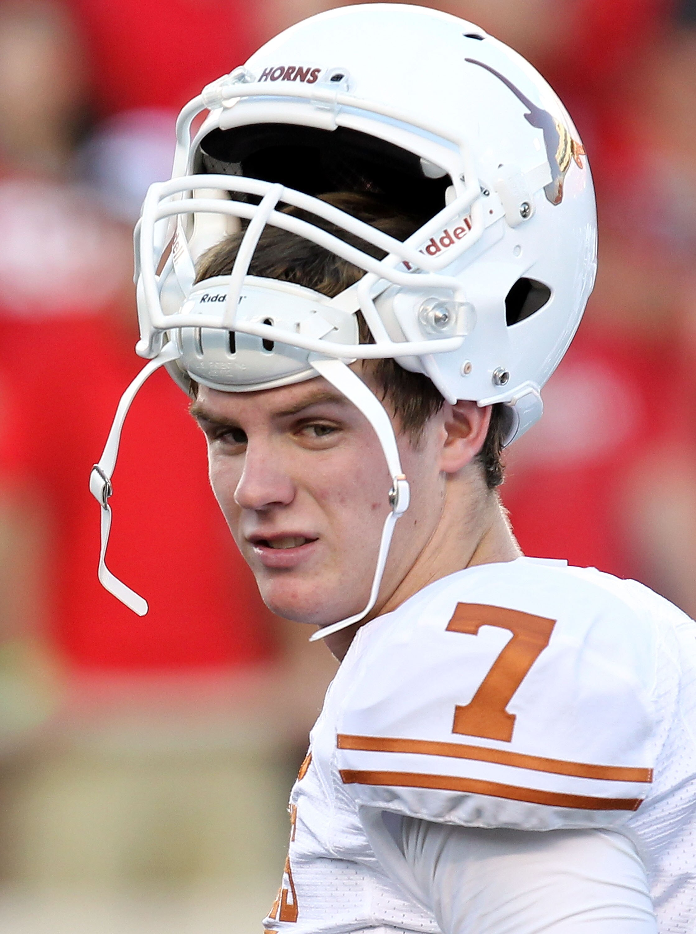 LUBBOCK, TX - SEPTEMBER 18:  Quarterback Garrett Gilbert #7 of the Texas Longhorns at Jones AT&T Stadium on September 18, 2010 in Lubbock, Texas.  (Photo by Ronald Martinez/Getty Images)