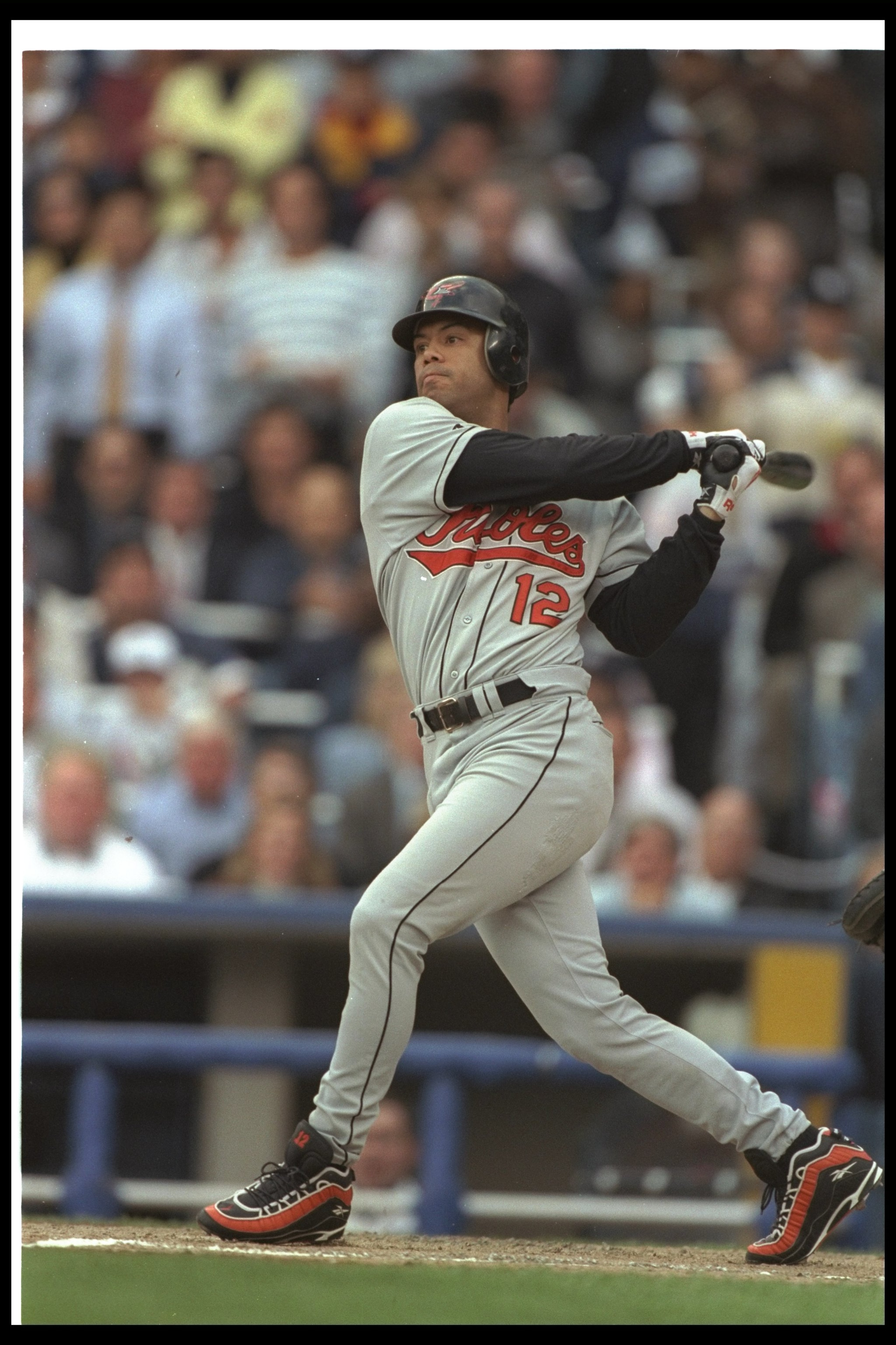10 Oct 1996: Second baseman Roberto Alomar of the Baltimore Orioles hits the ball during a playoff game against the New York Yankees at Yankee Stadium in New York City, New York. The Orioles won the game, 5-3.