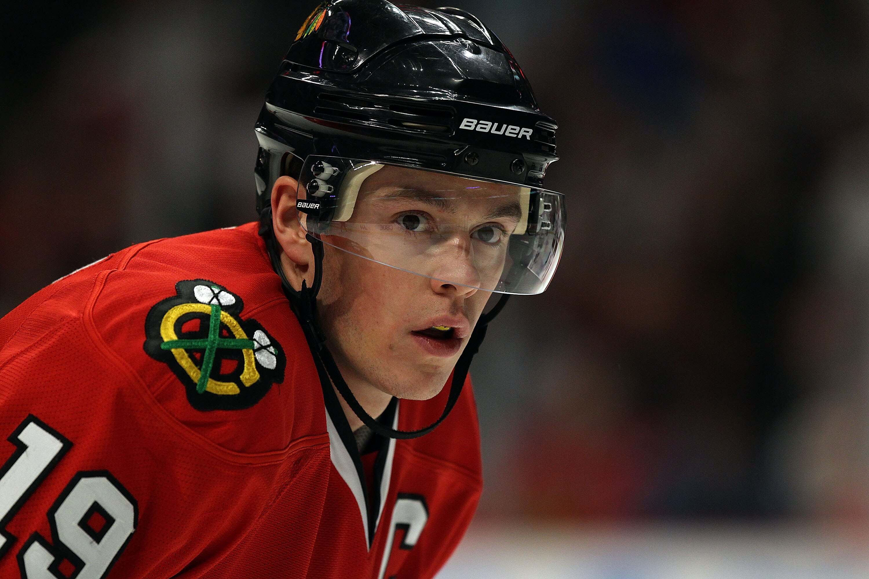 CHICAGO, IL - DECEMBER 15: Jonathan Toews #19 of the Chicago Blackhawks waits for a face-off against the Colorado Avalanche at the United Center on December 15, 2010 in Chicago, Illinois. The Avalanche defeated the Blackhawks 4-3. (Photo by Jonathan Danie