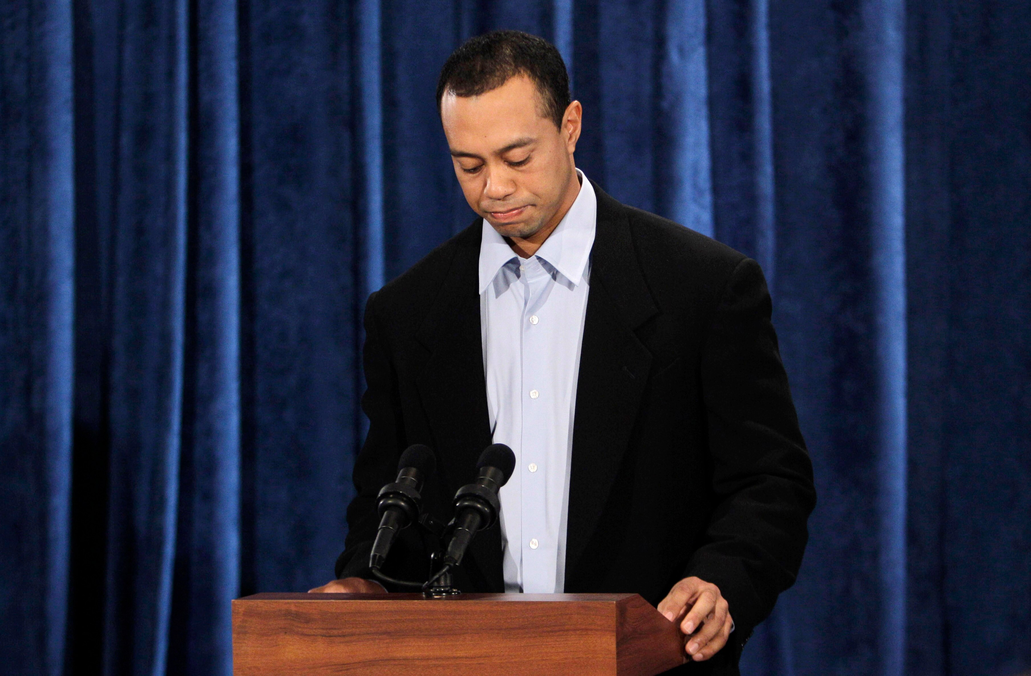 PONTE VEDRA BEACH, FL - FEBRUARY 19:  Tiger Woods pauses while making a statement from the Sunset Room on the second floor of the TPC Sawgrass, home of the PGA Tour on February 19, 2010 in Ponte Vedra Beach, Florida. Woods publicly admitted to cheating on