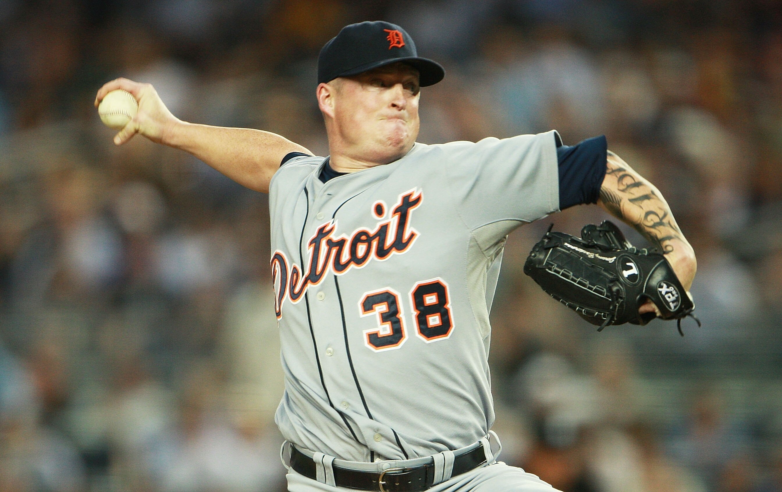 NEW YORK - AUGUST 18:  Jeremy Bonderman #38 of the Detroit Tigers pitching against the New York Yankees at Yankee Stadium on August 18, 2010 in the Bronx borough of New York City.  (Photo by Andrew Burton/Getty Images)
