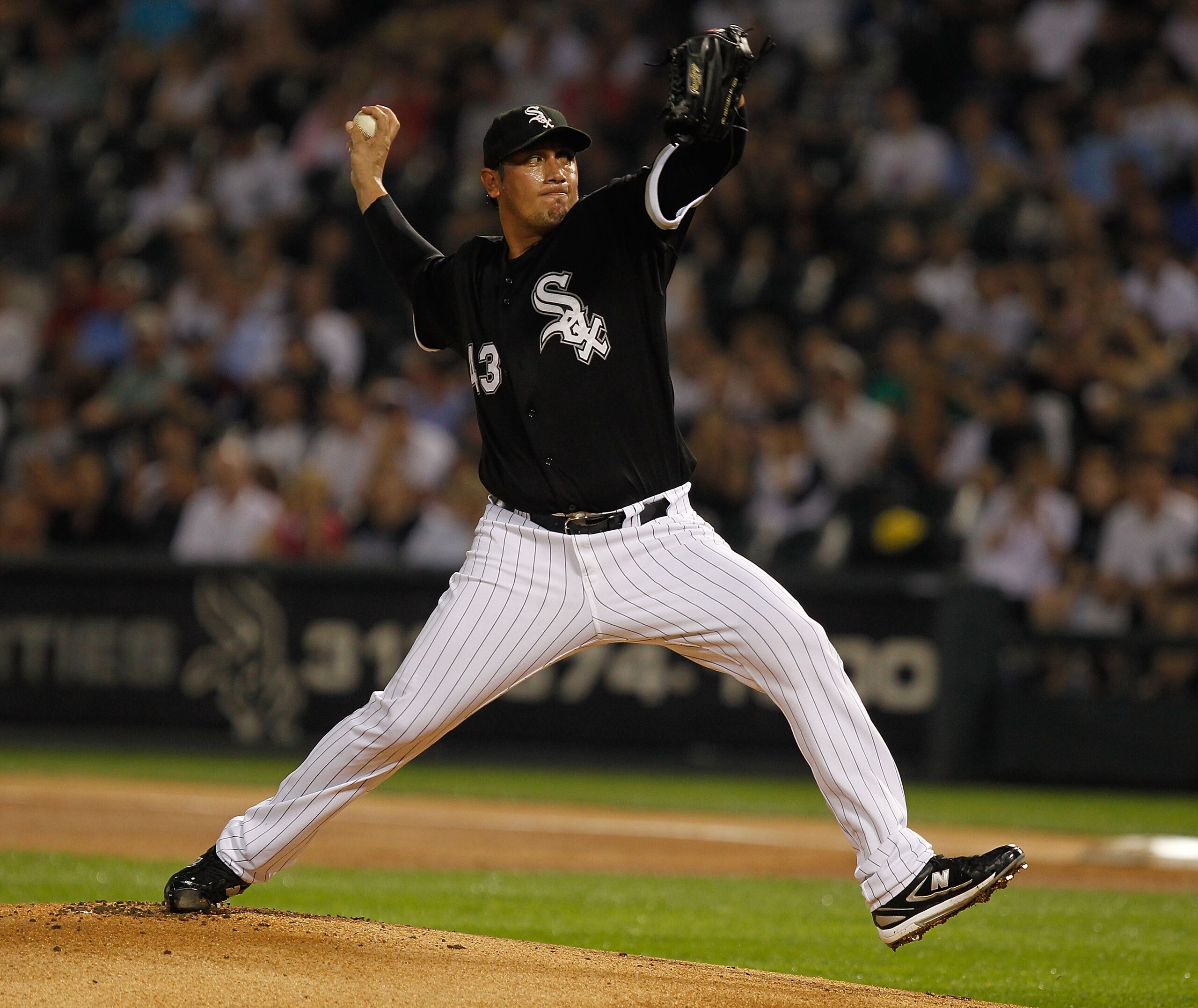 CHICAGO - JULY 07: Starting pitcher Freddy Garcia #43 of the Chicago White Sox delivers the ball against the Los Angeles Angels of Anaheim at U.S. Cellular Field on July 7, 2010 in Chicago, Illinois. The White Sox defeated the Angels 5-2. (Photo by Jonath