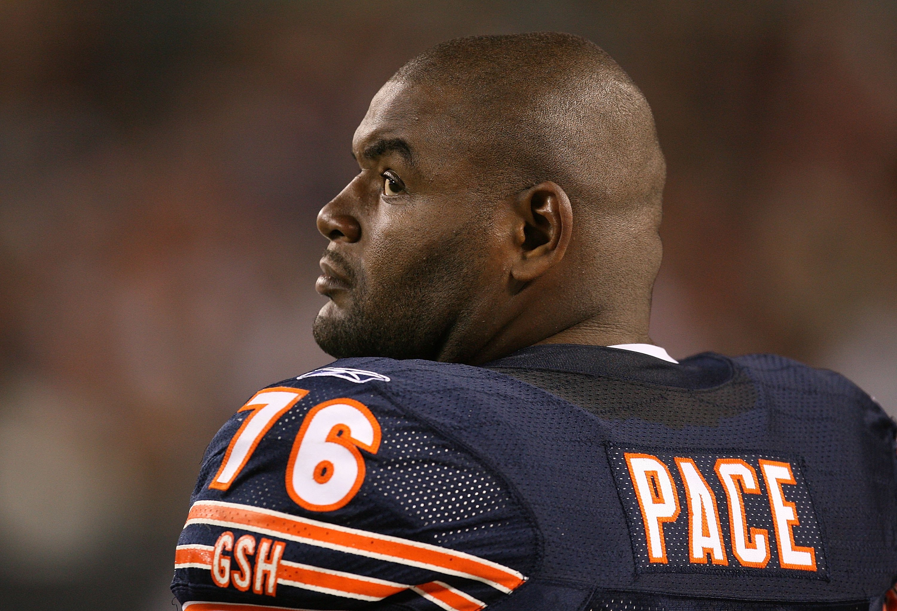CHICAGO - AUGUST 22: Orlando Pace #76 of the Chicago Bears watches from the sidelines as his teammates take on the New York Giants during a pre-season game on August 22, 2009 at Soldier Field in Chicago, Illinois. The Bears defeated the Giants 17-3. (Phot