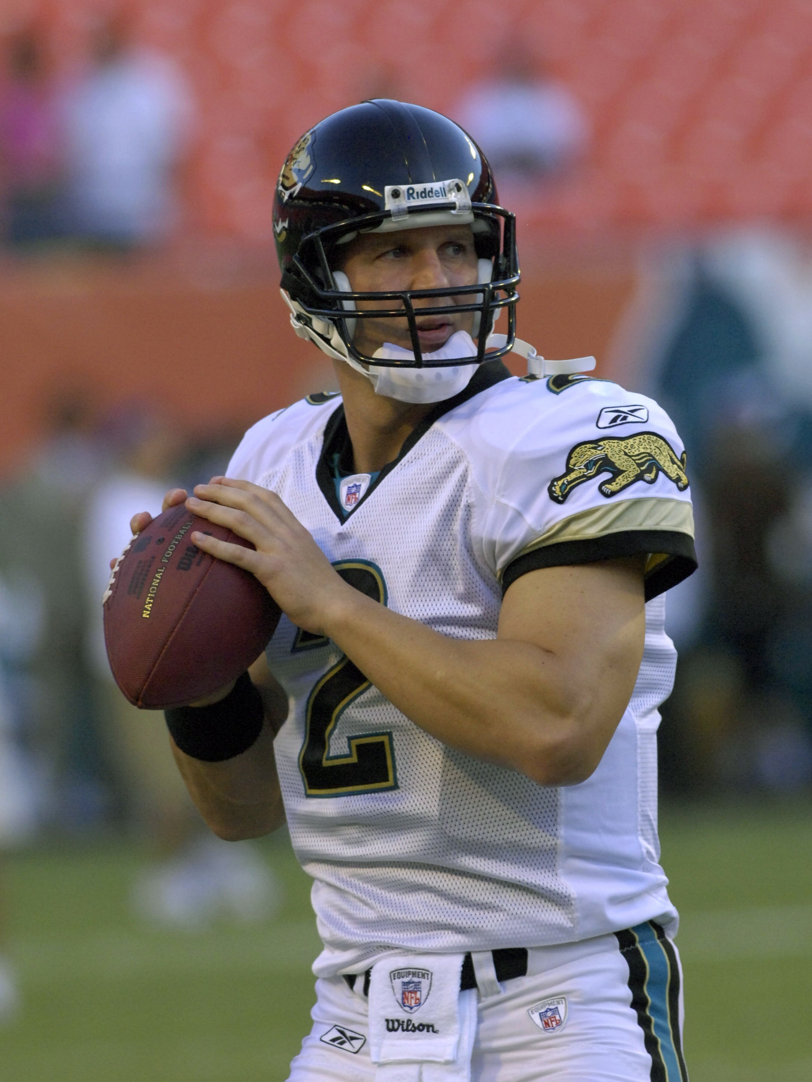 MIAMI, FL - AUGUST 11: Quarterback Tim Couch #2 of the Jacksonville Jaguars warms up for play against the Miami Dolphins at Dolphin Stadium on August 11, 2007 in Miami, Florida. (Photo by Al Messerschmidt/Getty Images)