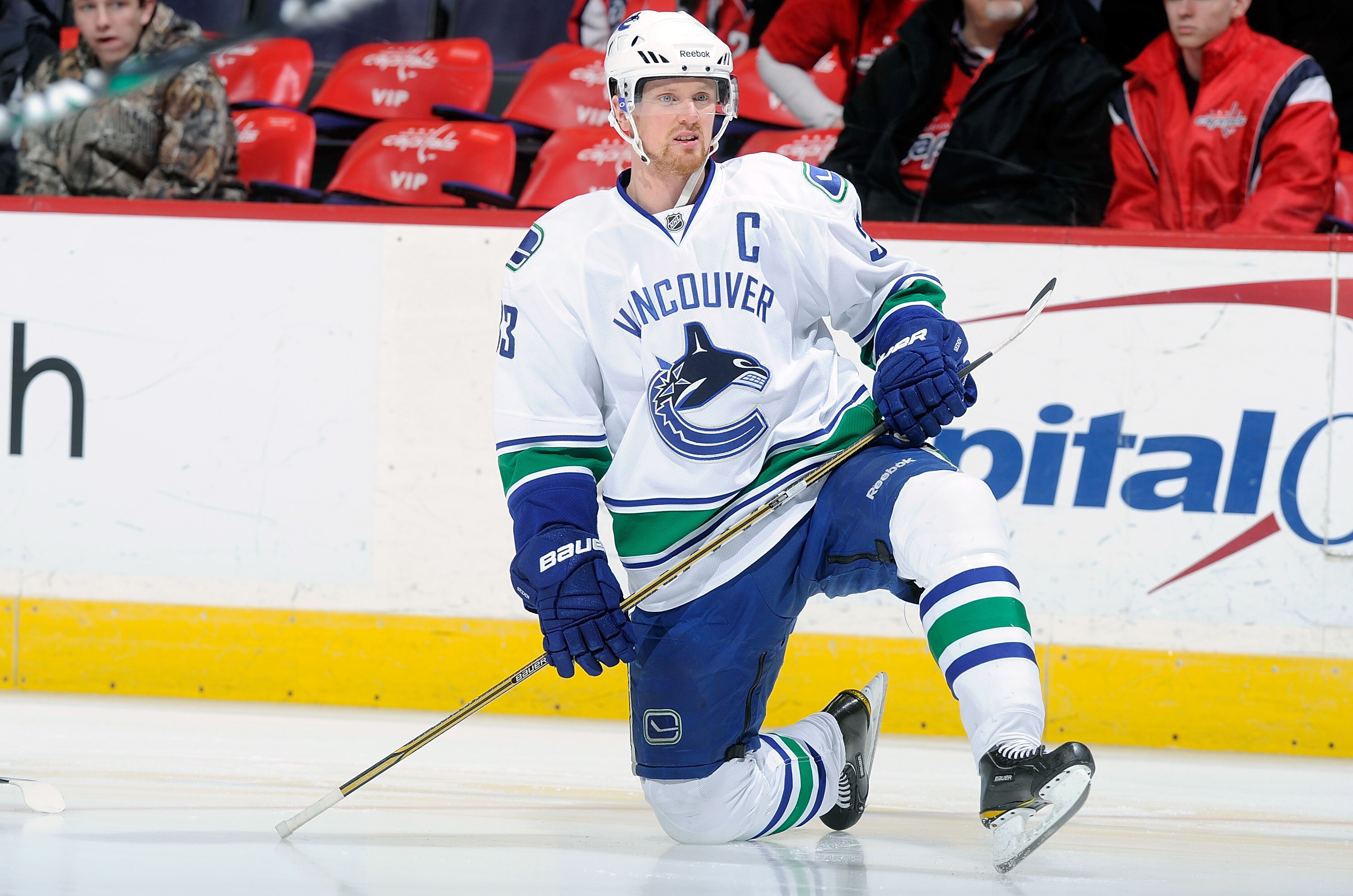 WASHINGTON, DC - JANUARY 14:  Henrik Sedin #33 of the Vancouver Canucks warms up before the game against the Washington Capitals at the Verizon Center on January 14, 2011 in Washington, DC.  (Photo by Greg Fiume/Getty Images)