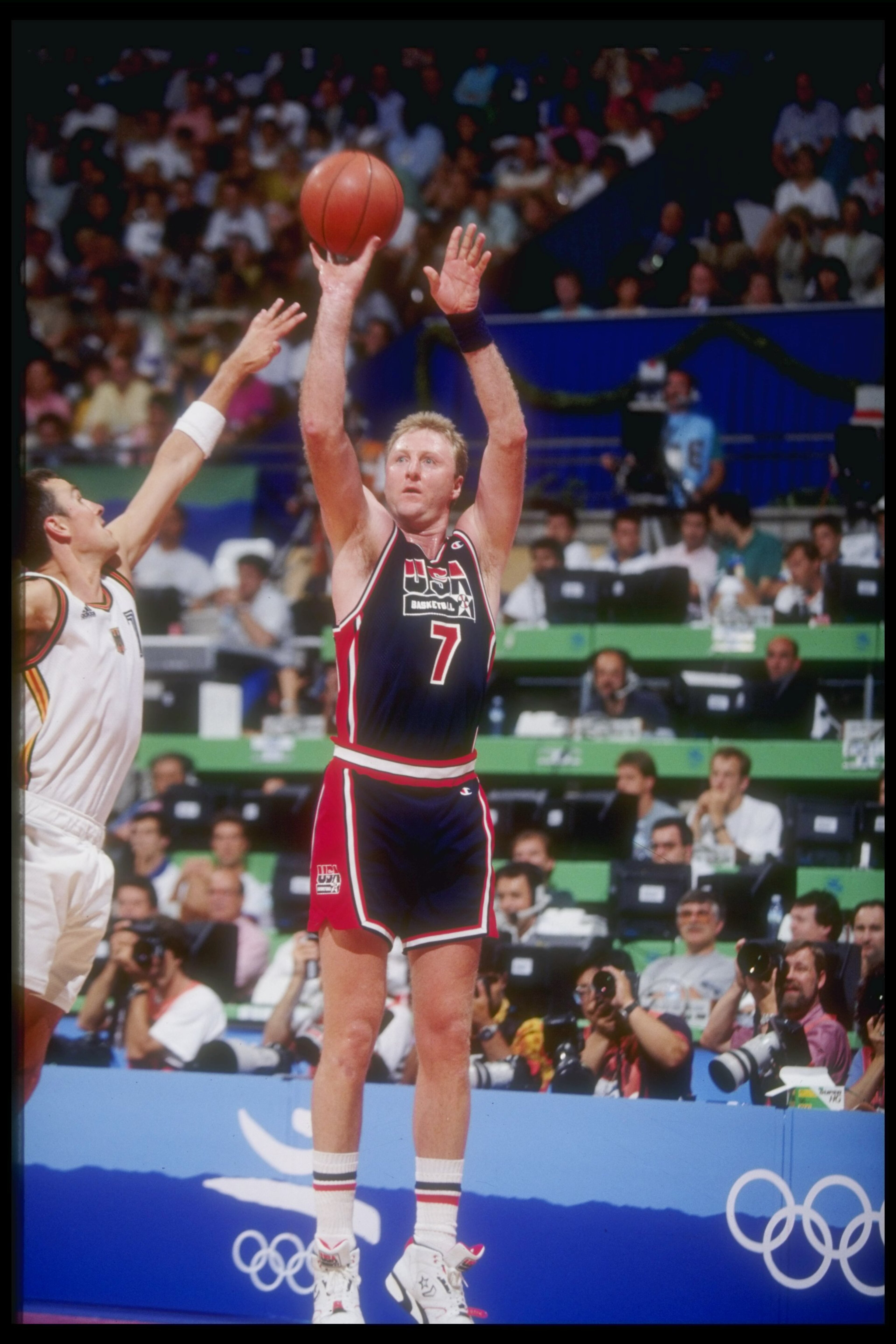 29 Jul 1992:  Forward Larry Bird of the United States shoots the ball during a game against Germany at the Olympic Games in Barcelona, Spain. Mandatory Credit: Mike Powell  /Allsport