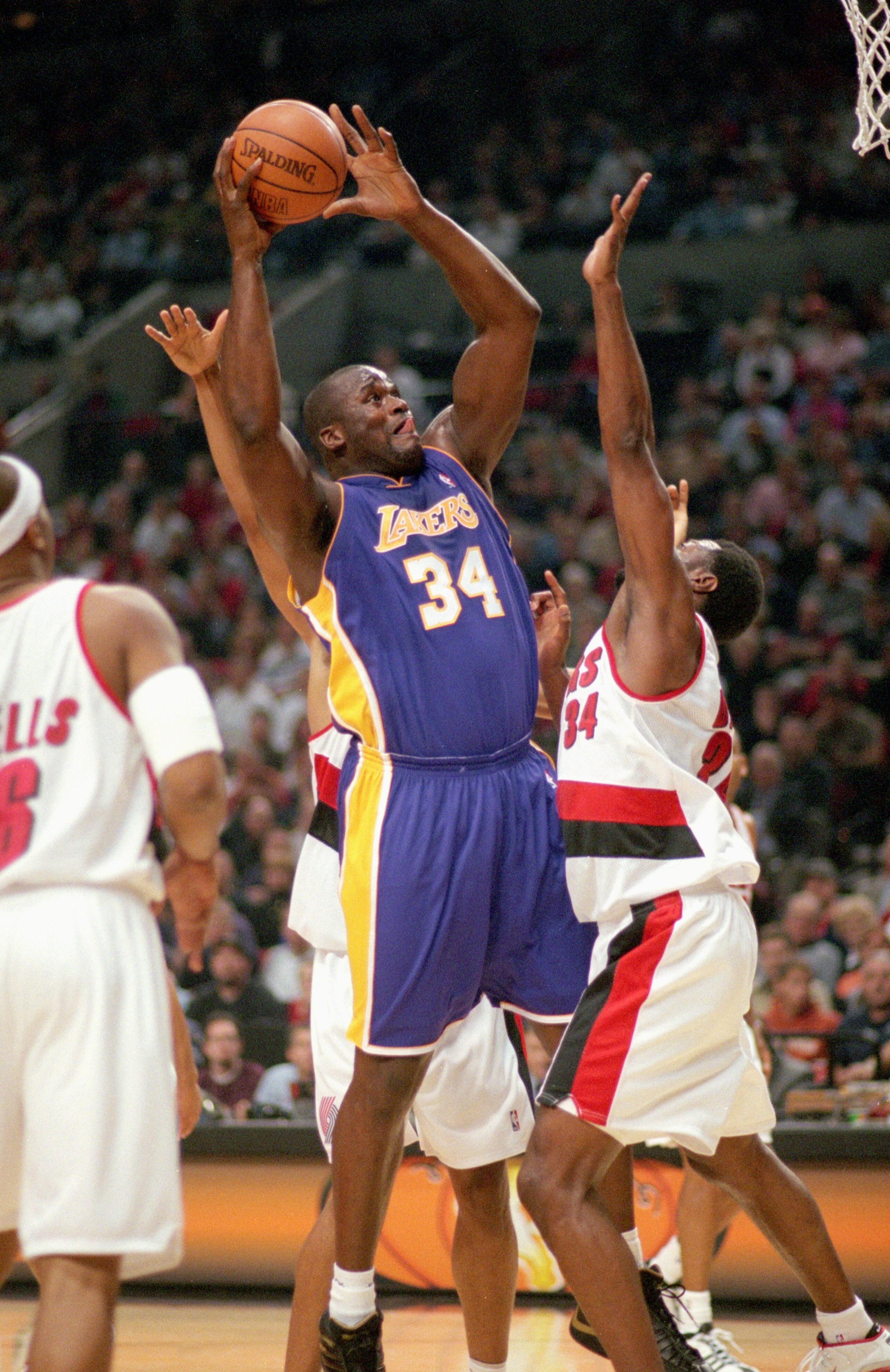 31 Oct 2000: Shaquille O''Neal #34 of the Los Angeles Lakers leaps for the basket during the game against the Portland Trail Blazers at the Rose Garden in Portland, Oregon. The Lakers defeated the Blazers 96-86. NOTE TO USER: It is expressly understood th