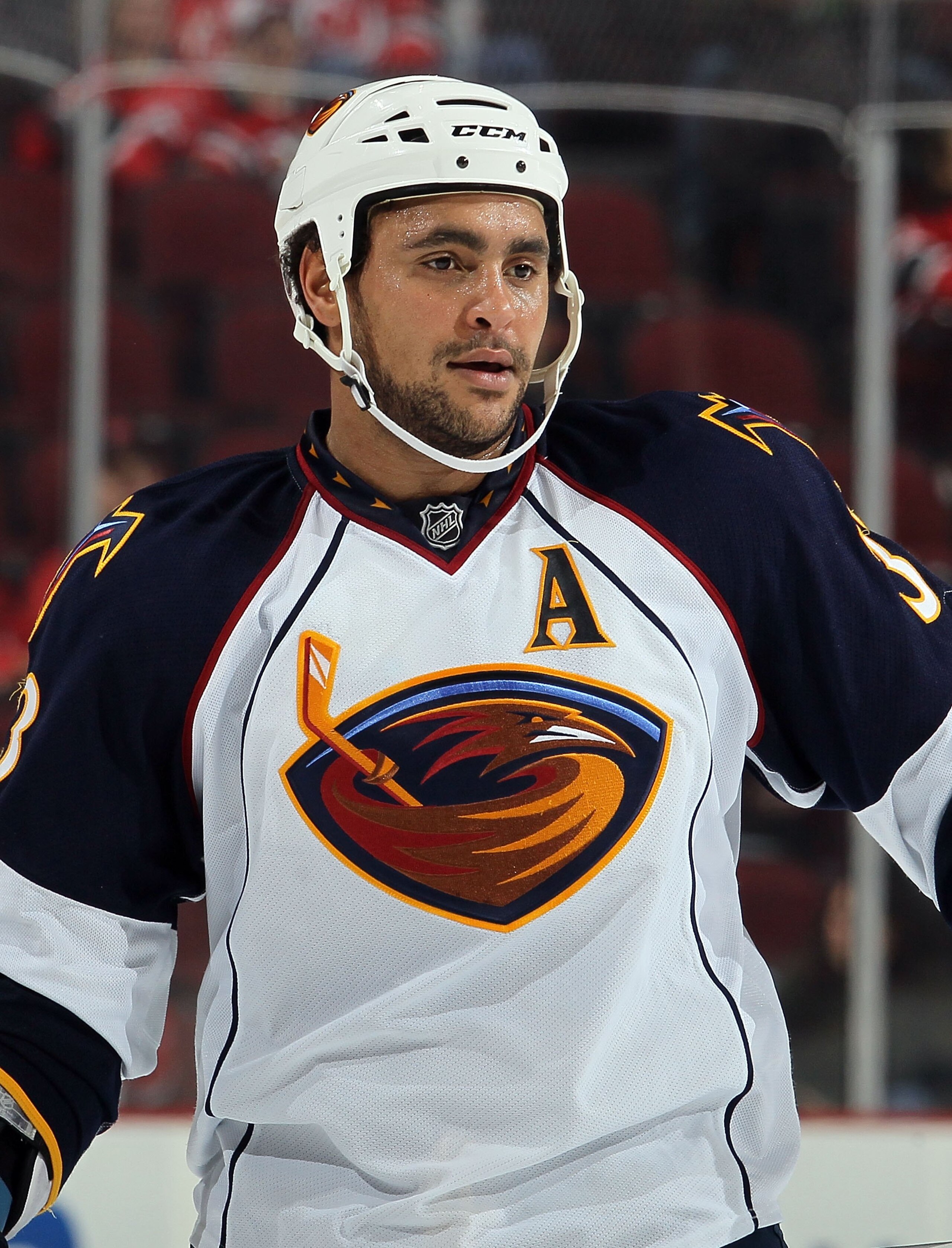 NEWARK, NJ - DECEMBER 31:  Dustin Byfuglien #33 of the Atlanta Thrashers looks on against the New Jersey Devils at the Prudential Center on December 31, 2010 in Newark, New Jersey. The Devils defeated the Thrashers 3-1.  (Photo by Jim McIsaac/Getty Images