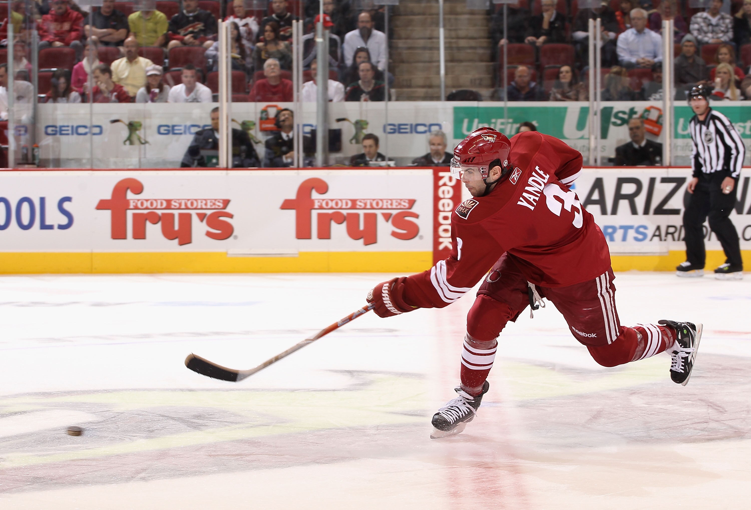 GLENDALE, AZ - JANUARY 22:  Keith Yandle #3 of the Phoenix Coyotes shoots the puck during the NHL game at Jobing.com Arena on January 22, 2011 in Glendale, Arizona.  The Kings defeated the Coyotes 4-3.  (Photo by Christian Petersen/Getty Images)