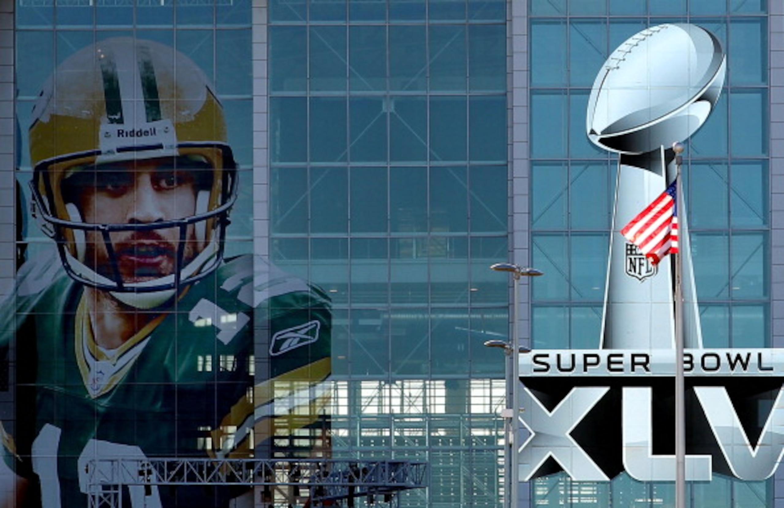 ARLINGTON, TX - JANUARY 27:  An image of Aaron Rodgers of the Green Bay Packers outside of Cowboys Stadium on January27, 2011 in Arlington, Texas.  Cowboys Stadium will host Super Bowl XLV on February 6, 2011 between the Pittsburgh Steelers and the Green 
