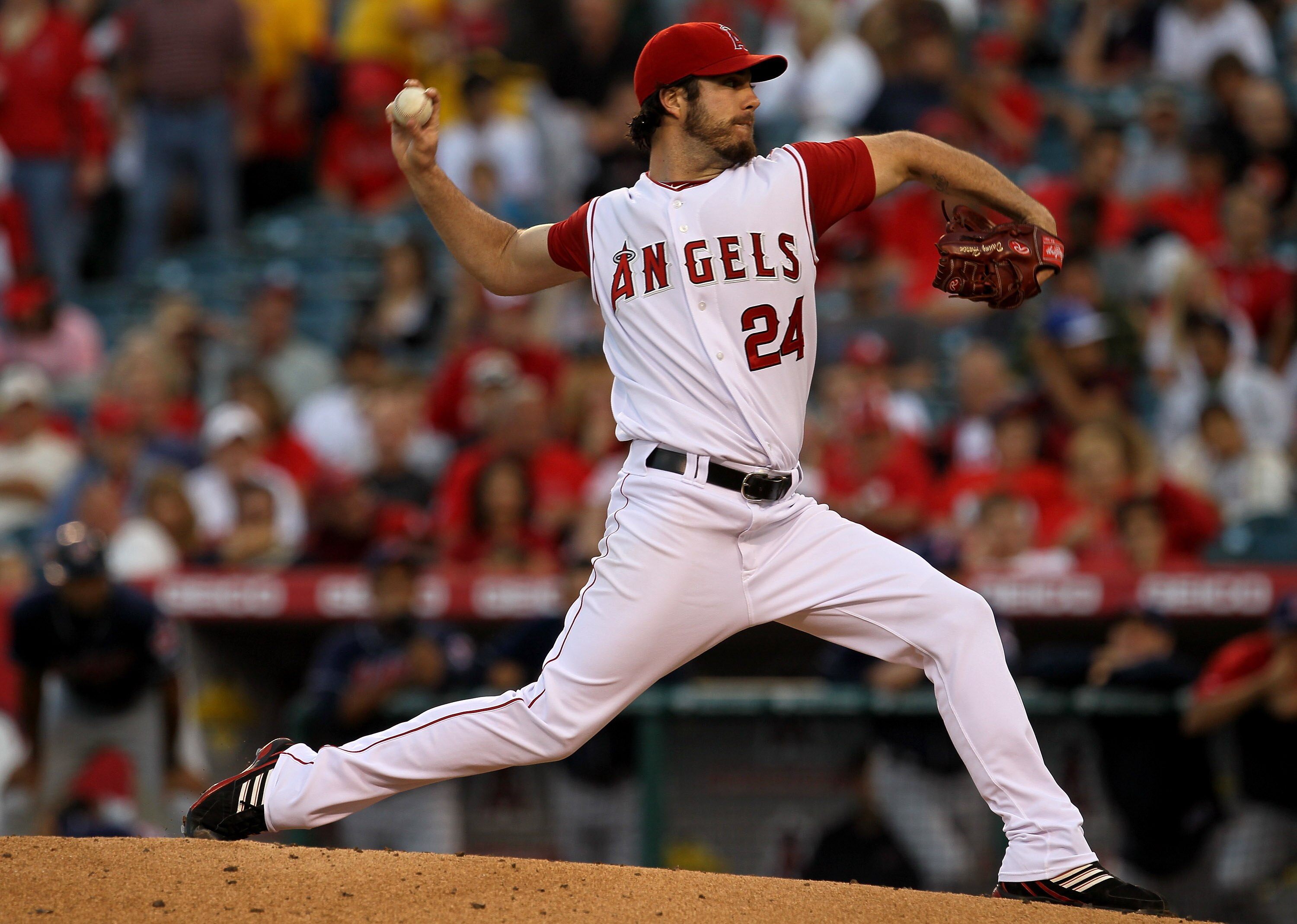 ANAHEIM, CA - SEPTEMBER 06:  Dan Haren #24 of the Los Angeles Angels of Anaheim pitches against the Cleveland Indians on September 6, 2010 at Angel Stadium in Anaheim, California.  (Photo by Stephen Dunn/Getty Images)
