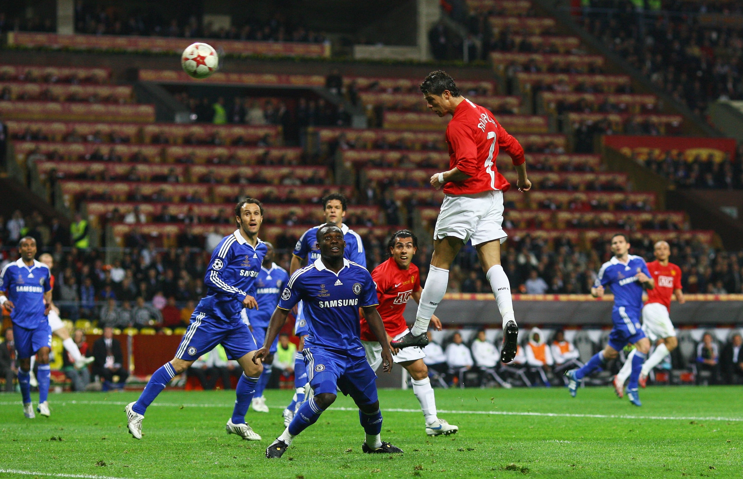 MOSCOW - MAY 21:  Cristiano Ronaldo of Manchester United heads the opening goal during the UEFA Champions League Final match between Manchester United and Chelsea at the Luzhniki Stadium on May 21, 2008 in Moscow, Russia.  (Photo by Jamie McDonald/Getty I