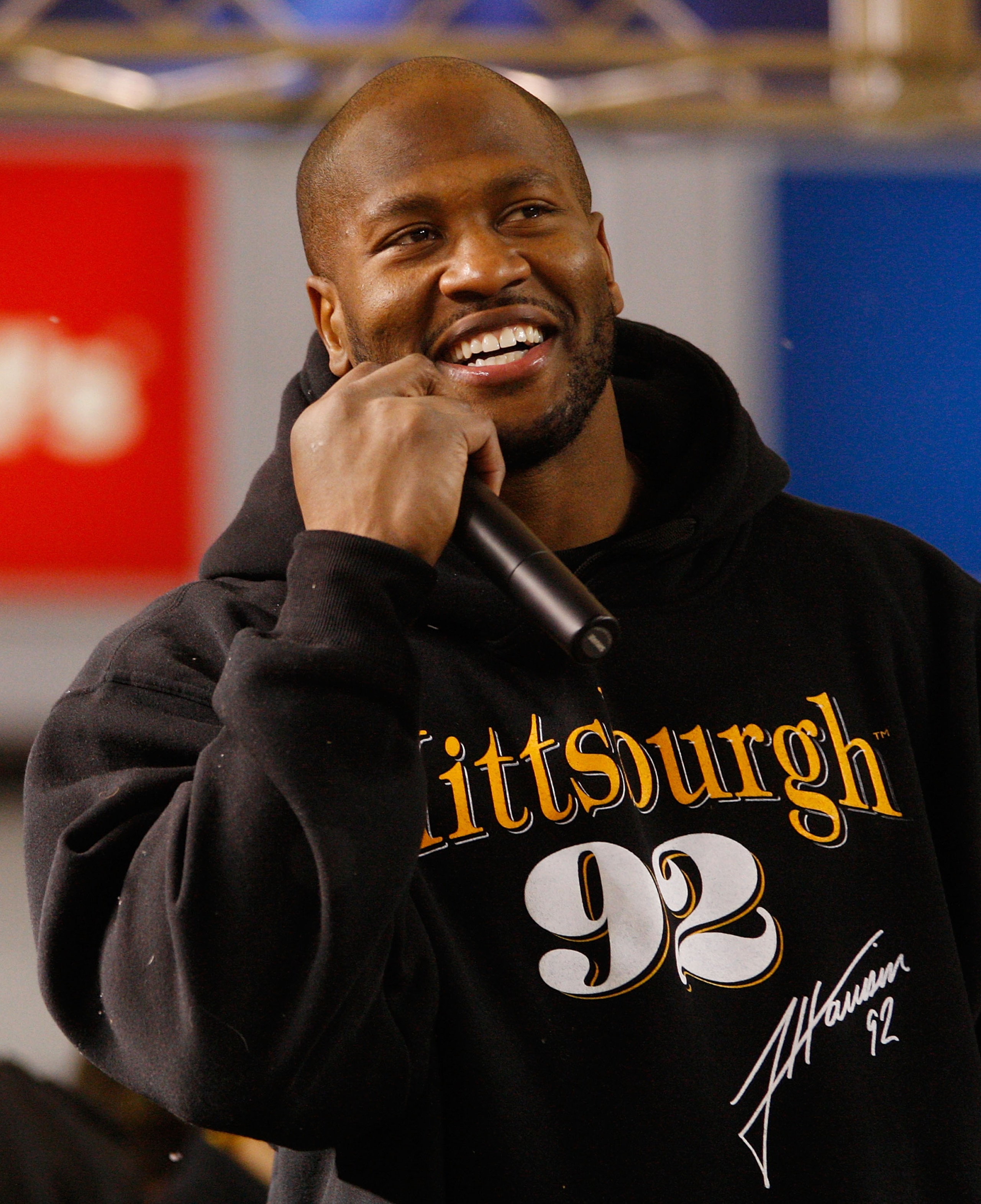 PITTSBURGH - JANUARY 28: James Harrison #92 of the Pittsburgh Steelers talks to fans during the Super Bowl XLV Pep Rally on January 28, 2011 at Heinz Field in Pittsburgh, Pennsylvania. (Photo by Jared Wickerham/Getty Images) PITTSBURGH - JANUARY 28: James Harrison #92 of the Pittsburgh Steelers talks to fans during the Super Bowl XLV Pep Rally on January 28, 2011 at Heinz Field in Pittsburgh, Pennsylvania. (Photo by Jared Wickerham/Getty Images)