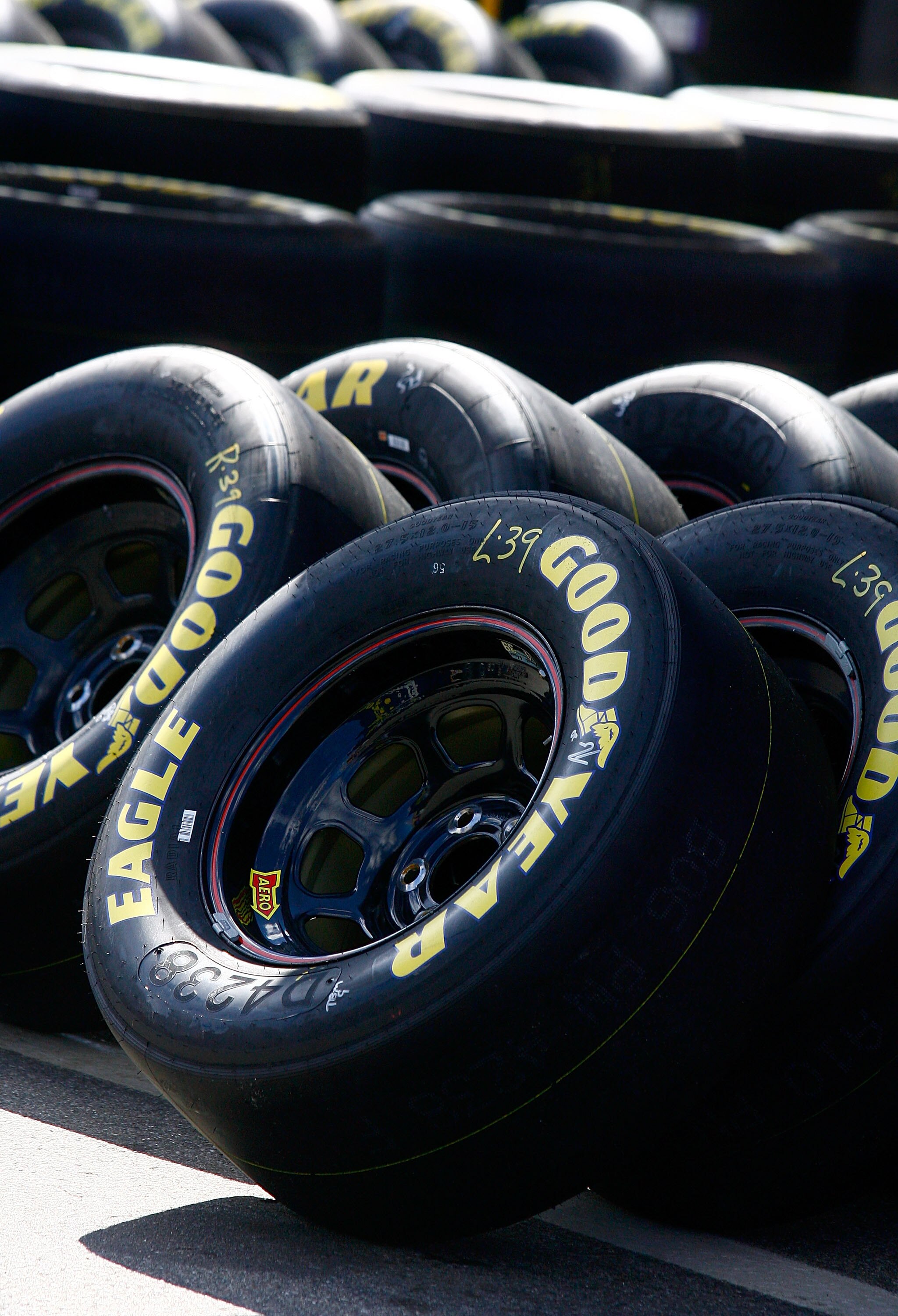 LOUDON, NH - SEPTEMBER 18:  A general view of NASCAR Sprint Cup Goodyear tires in the garage area during practice for the NASCAR Sprint Cup Series Sylvania 300 at New Hampshire Motor Speedway on September 18, 2010 in Loudon, New Hampshire.  (Photo by Jaso
