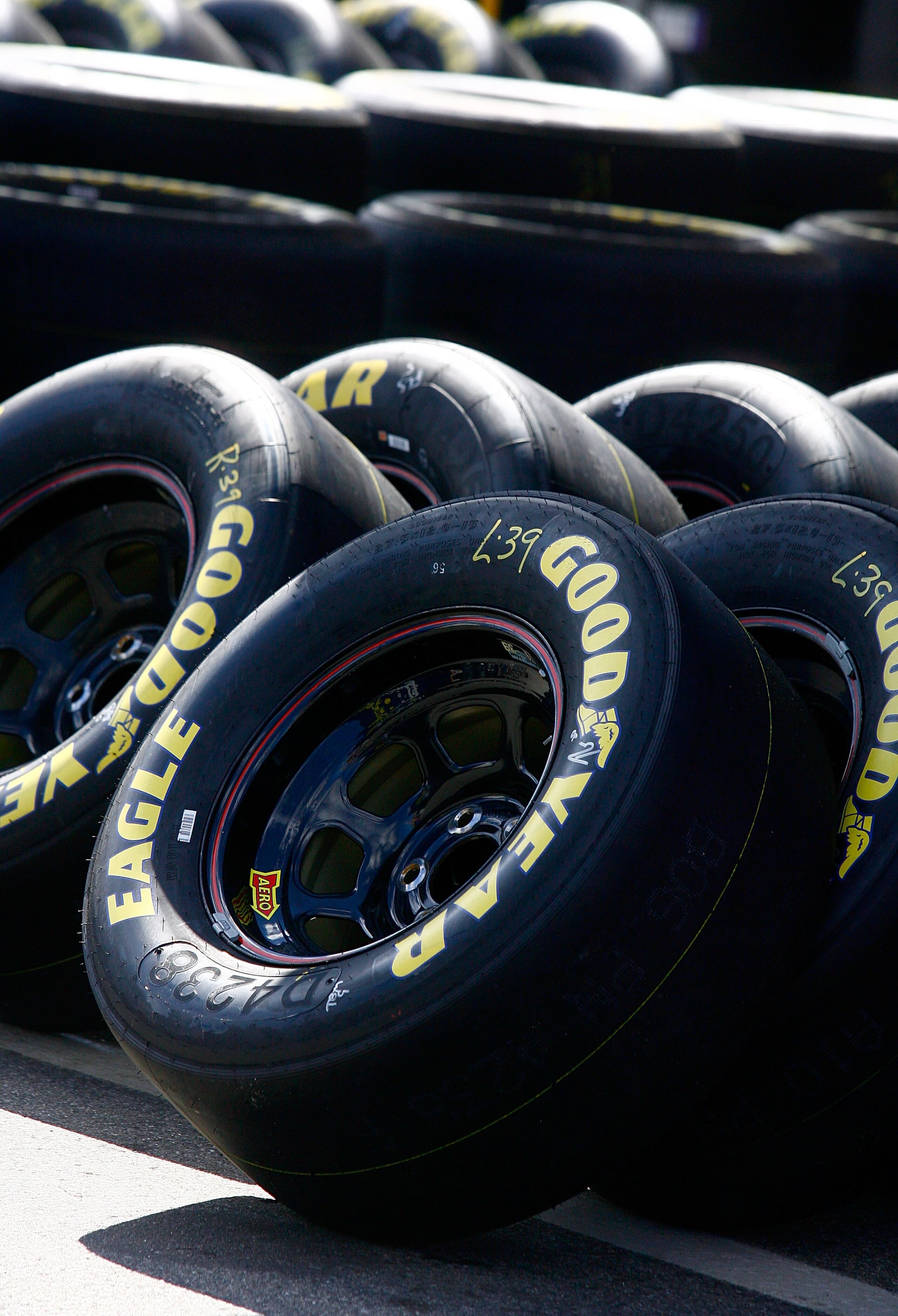 LOUDON, NH - SEPTEMBER 18:  A general view of NASCAR Sprint Cup Goodyear tires in the garage area during practice for the NASCAR Sprint Cup Series Sylvania 300 at New Hampshire Motor Speedway on September 18, 2010 in Loudon, New Hampshire.  (Photo by Jaso