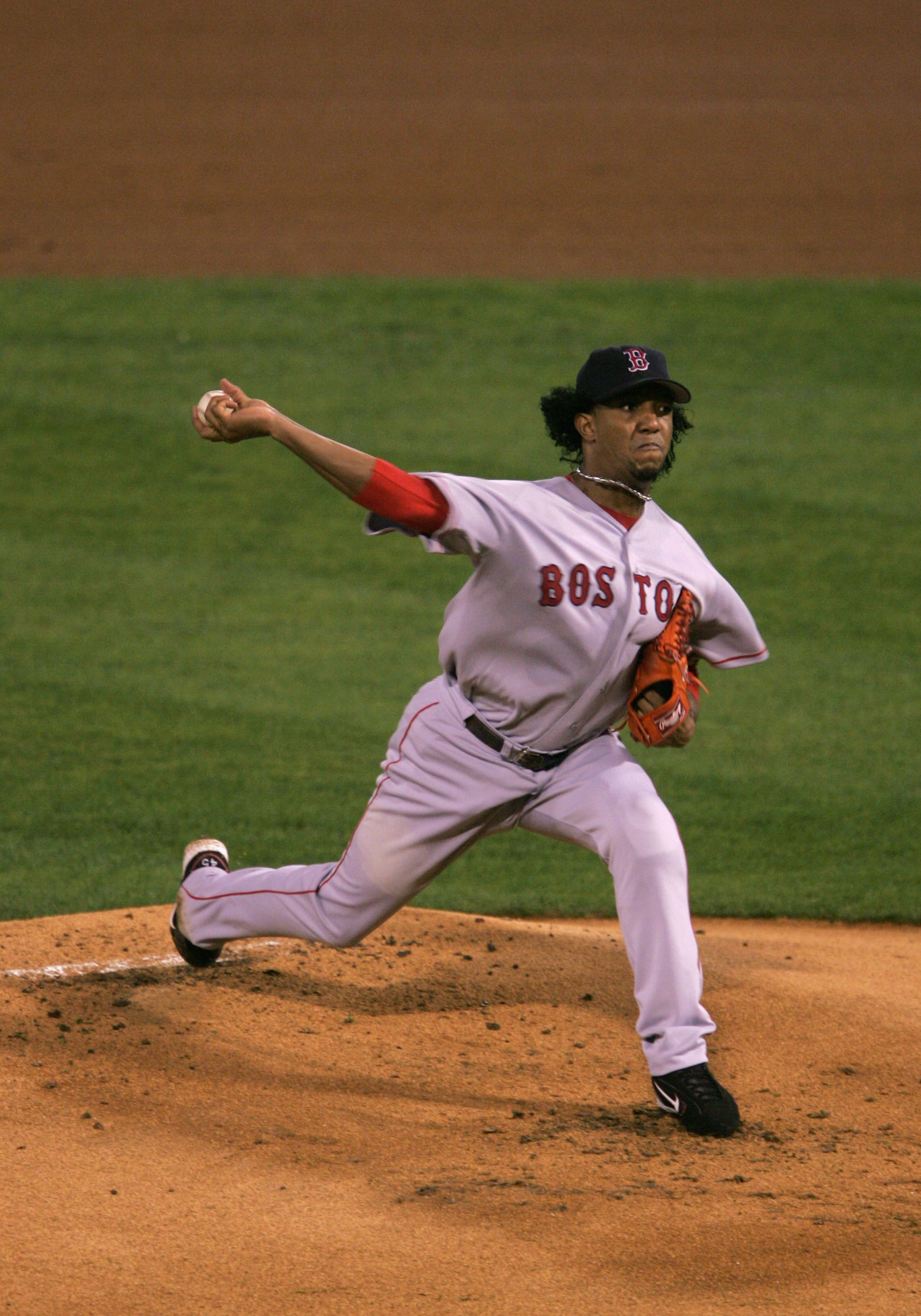 ST LOUIS - OCTOBER 26:  Starting pitcher Pedro Martinez #45 of the Boston Red Sox throws a pitch against the St. Louis Cardinals during the first inning of game three of the World Series on October 26, 2004 at Busch Stadium in St. Louis, Missouri.(Photo b