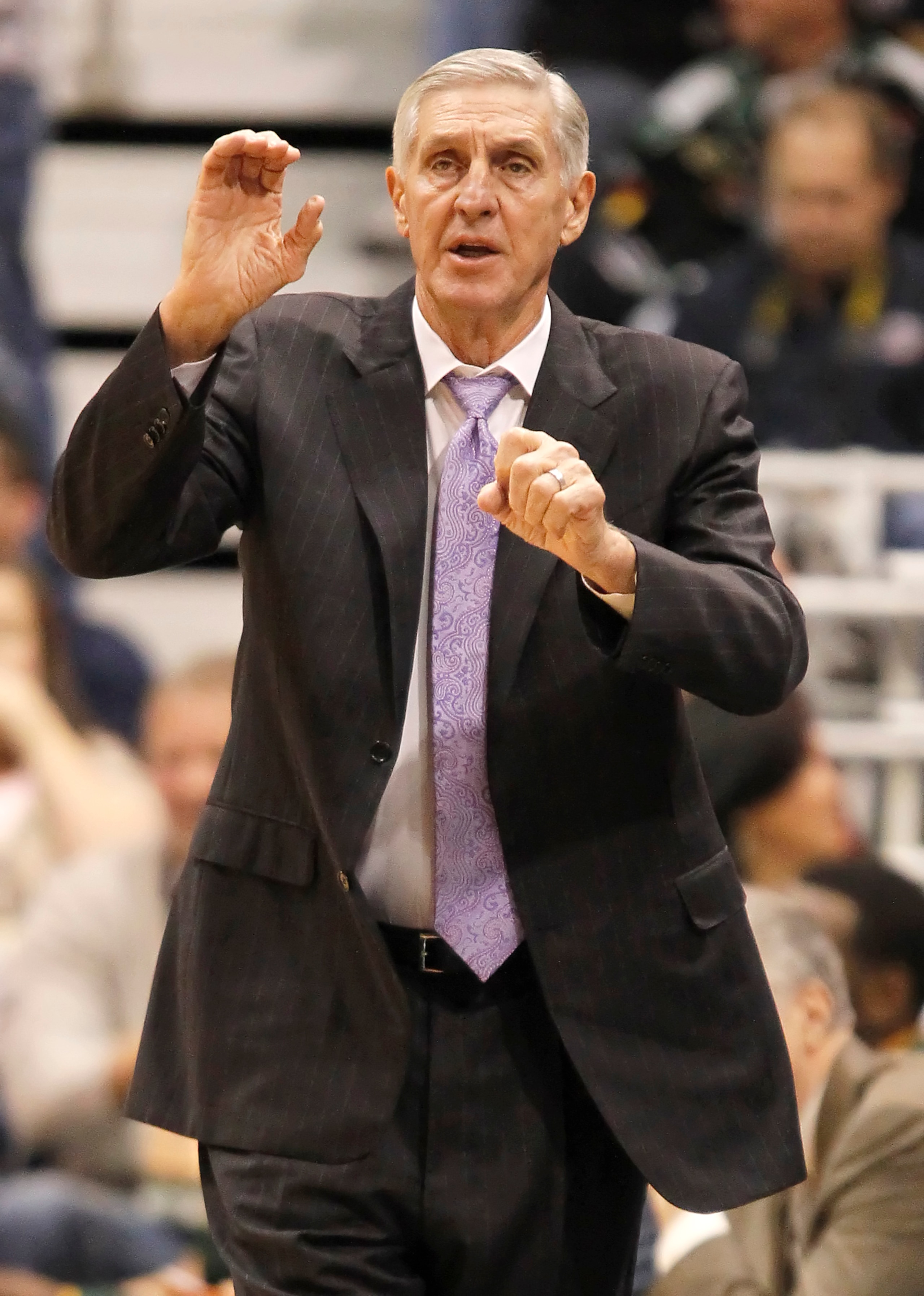SALT LAKE CITY, UT - DECEMBER 8: Head coach of the Utah Jazz Jerry Sloan calls a play dueing a game against the Miami Heat during the first half of an NBA game December 8, 2010 at Energy Solutions Arena in Salt Lake City, Utah. The Heat beat the Jazz 111- SALT LAKE CITY, UT - DECEMBER 8: Head coach of the Utah Jazz Jerry Sloan calls a play dueing a game against the Miami Heat during the first half of an NBA game December 8, 2010 at Energy Solutions Arena in Salt Lake City, Utah. The Heat beat the Jazz 111-