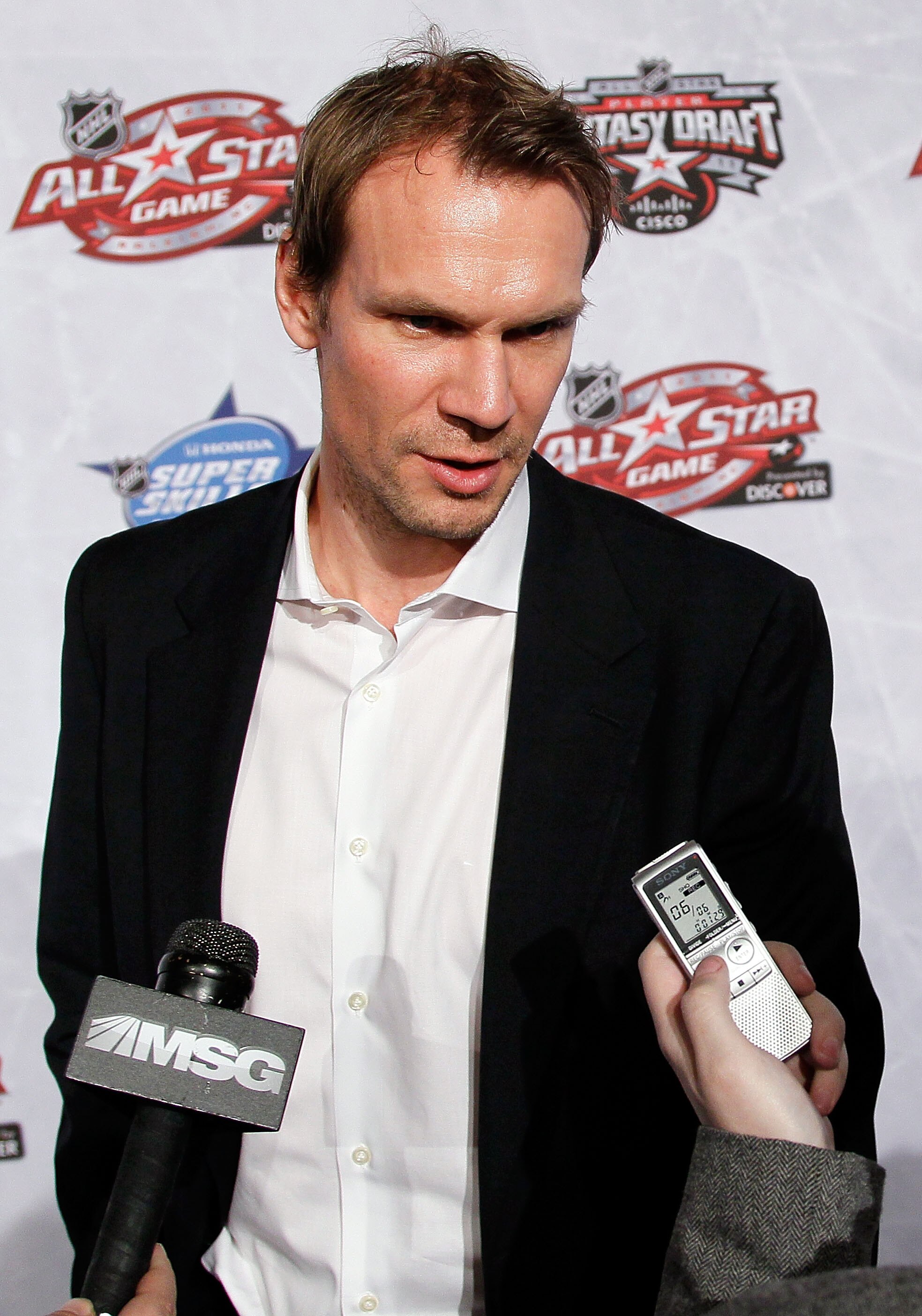 RALEIGH, NC - JANUARY 28:  Nicklas Lidstrom of the Detroit Red Wings answers questions during NHL All Star Player Media Availability apart of the 2011 NHL All-Star Weekend at the Raleigh Convention Center on January 28, 2011 in Raleigh, North Carolina.  (