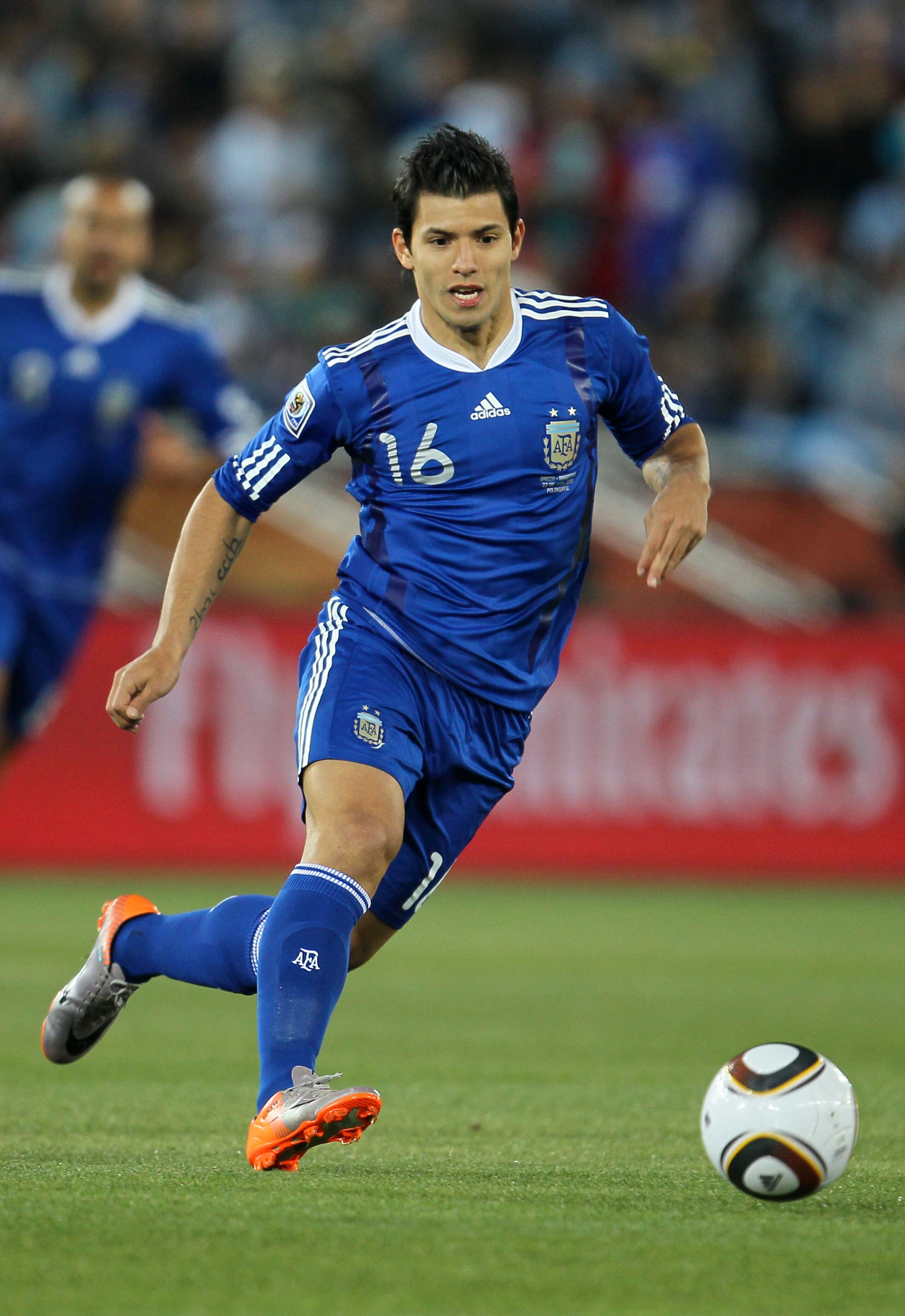 POLOKWANE, SOUTH AFRICA - JUNE 22: Sergio Aguero of Argentina runs with the ball during the 2010 FIFA World Cup South Africa Group B match between Greece and Argentina at Peter Mokaba Stadium on June 22, 2010 in Polokwane, South Africa. (Photo by Chris POLOKWANE, SOUTH AFRICA - JUNE 22: Sergio Aguero of Argentina runs with the ball during the 2010 FIFA World Cup South Africa Group B match between Greece and Argentina at Peter Mokaba Stadium on June 22, 2010 in Polokwane, South Africa. (Photo by Chris