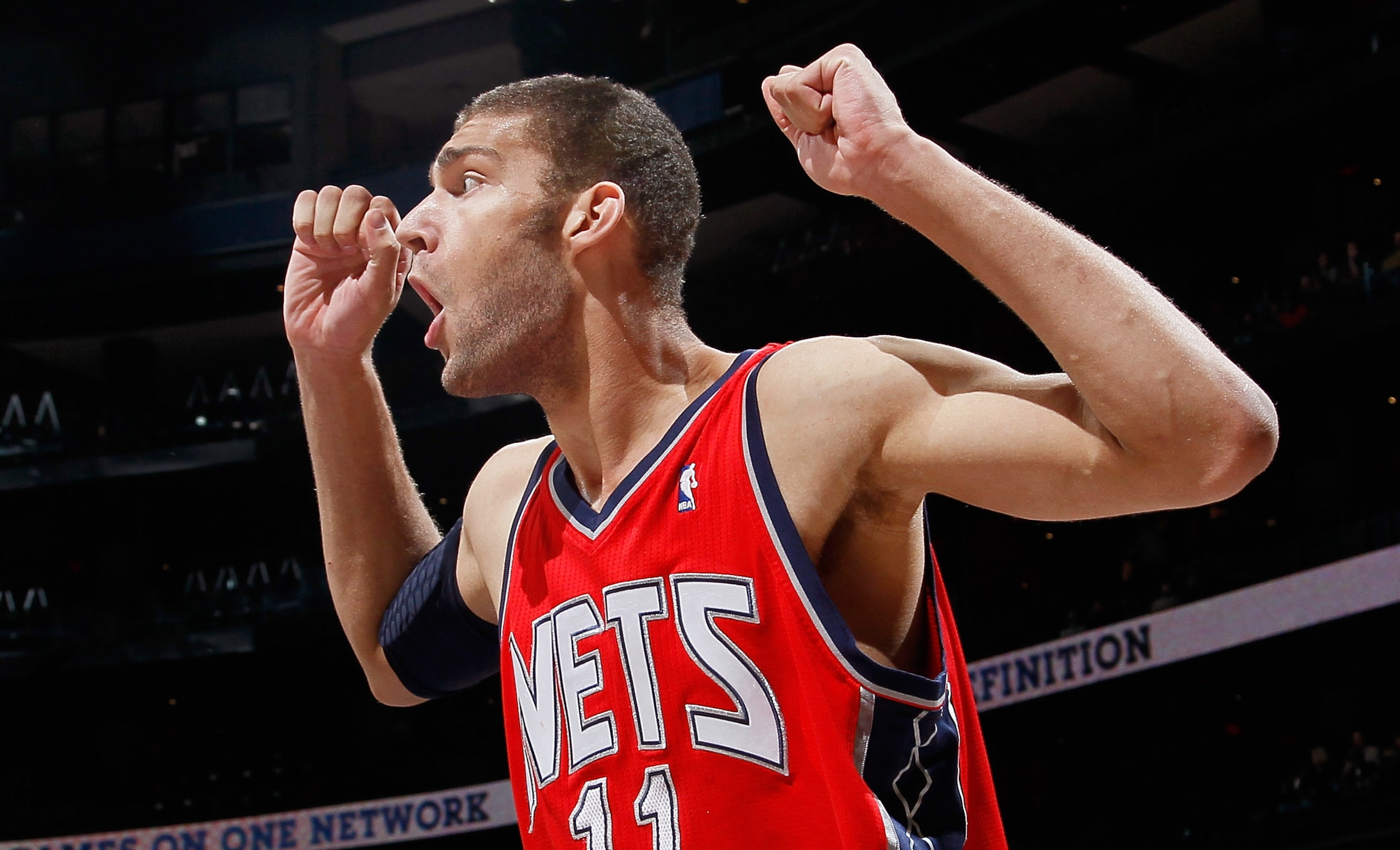 ATLANTA, GA - DECEMBER 07: Brook Lopez #11 of the New Jersey Nets reacts after being called for a foul against the Atlanta Hawks at Philips Arena on December 7, 2010 in Atlanta, Georgia. NOTE TO USER: User expressly acknowledges and agrees that, by dow ATLANTA, GA - DECEMBER 07: Brook Lopez #11 of the New Jersey Nets reacts after being called for a foul against the Atlanta Hawks at Philips Arena on December 7, 2010 in Atlanta, Georgia. NOTE TO USER: User expressly acknowledges and agrees that, by dow