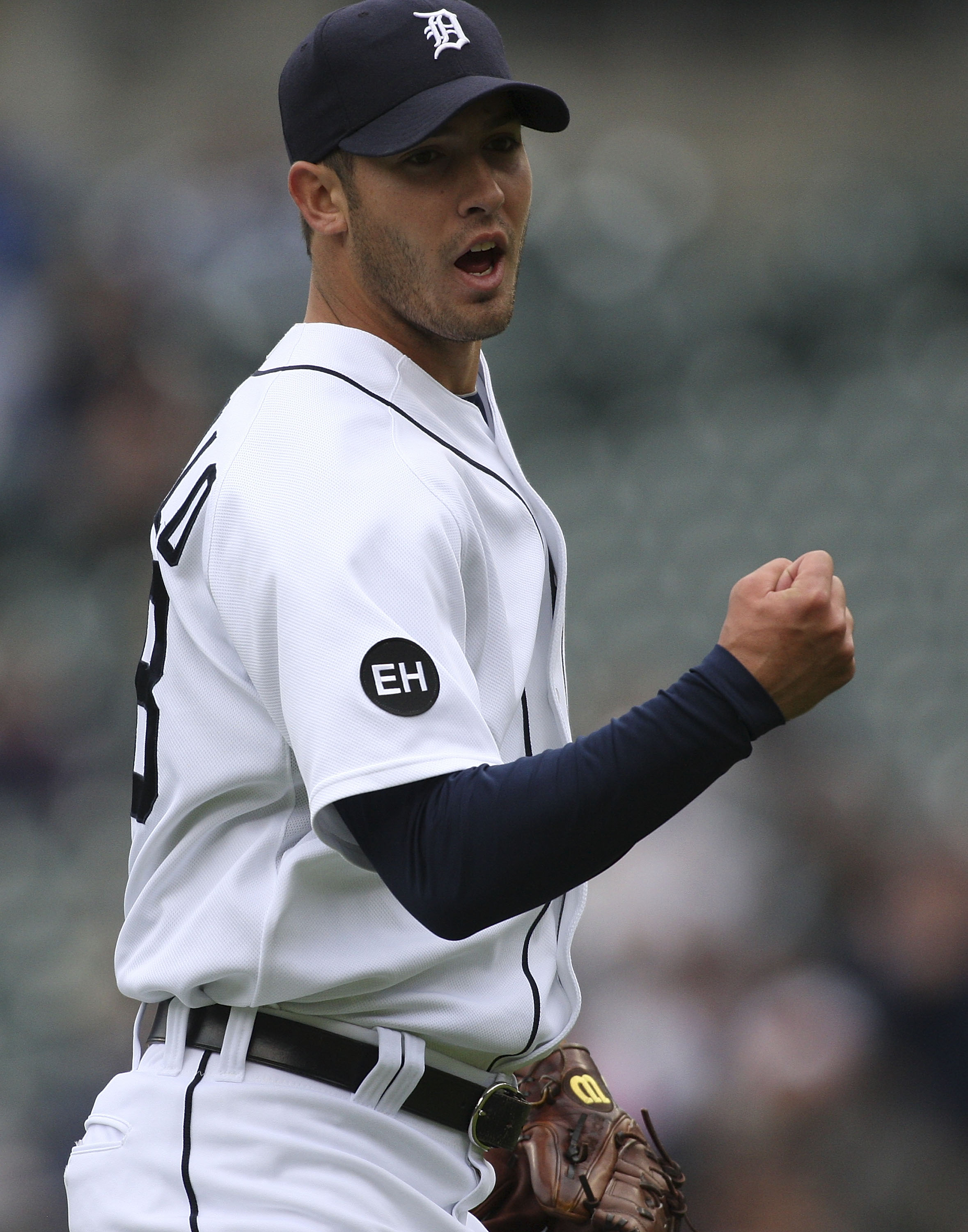 DETROIT - MAY 12:  Rick Porcello #48 of the Detroit Tigers reacts after the final out in the sixth inning against the New York Yankees during the game on May 12, 2010 at Comerica Park in Detroit, Michigan.  (Photo by Leon Halip/Getty Images)