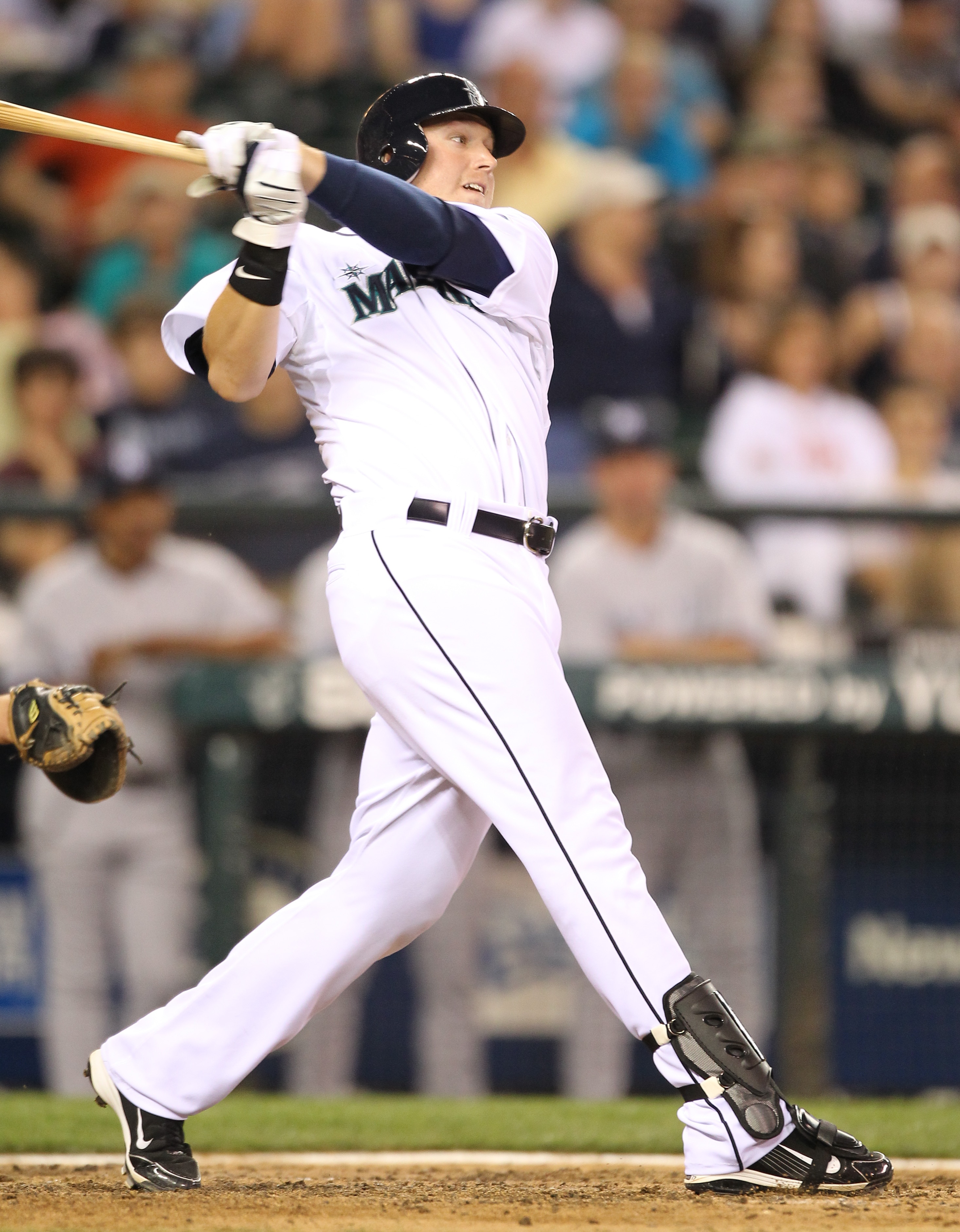 SEATTLE - JULY 10:  Justin Smoak #17 of the Seattle Mariners bats against the New York Yankees at Safeco Field on July 10, 2010 in Seattle, Washington. (Photo by Otto Greule Jr/Getty Images)