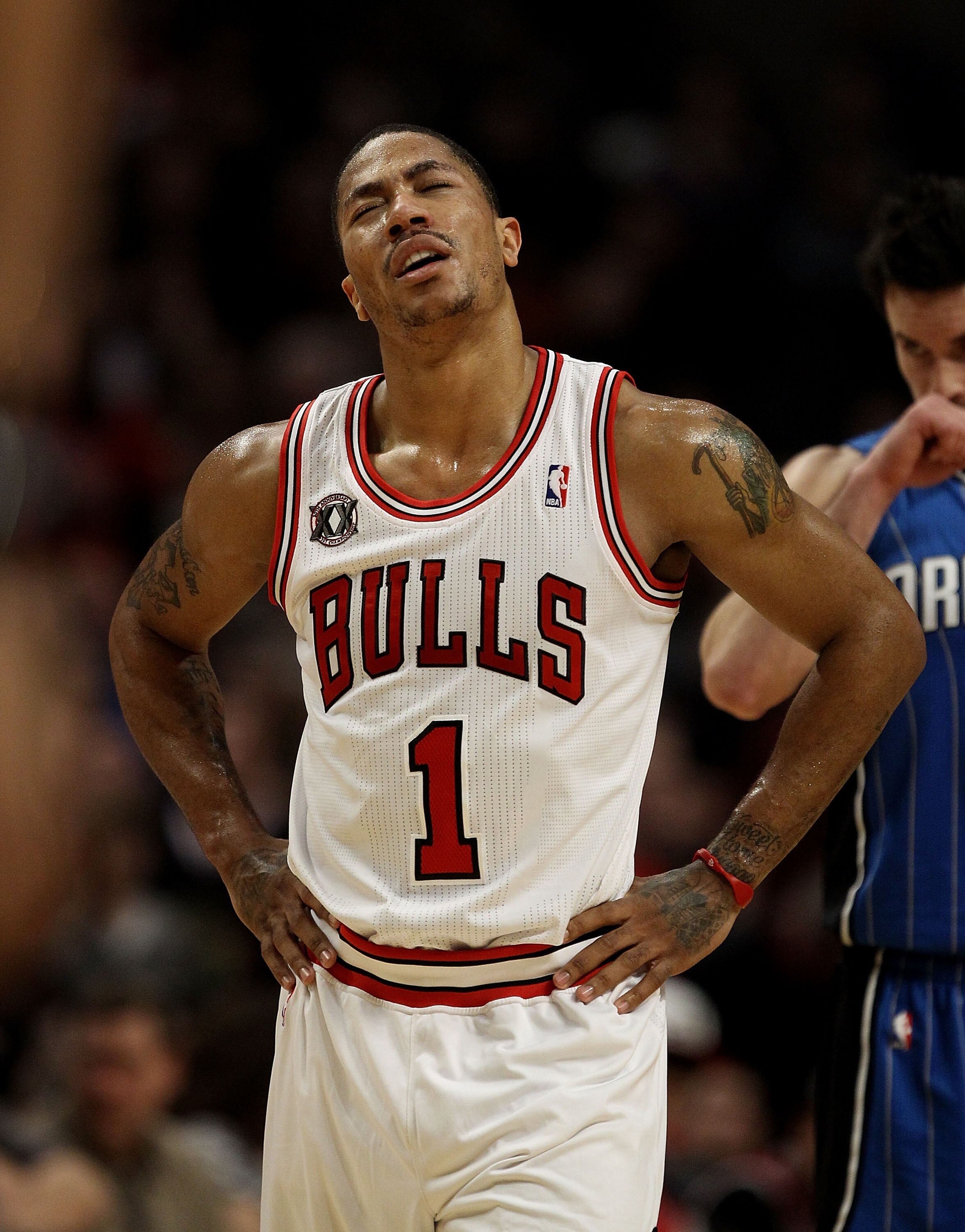 CHICAGO, IL - JANUARY 28: Derrick Rose #1 of the Chicago Bulls reacts after being fouled during a game against the Orlando Magic at the United Center on January 28, 2011 in Chicago, Illinois. The Bulls defeated the Magic 99-90. NOTE TO USER: User expressl