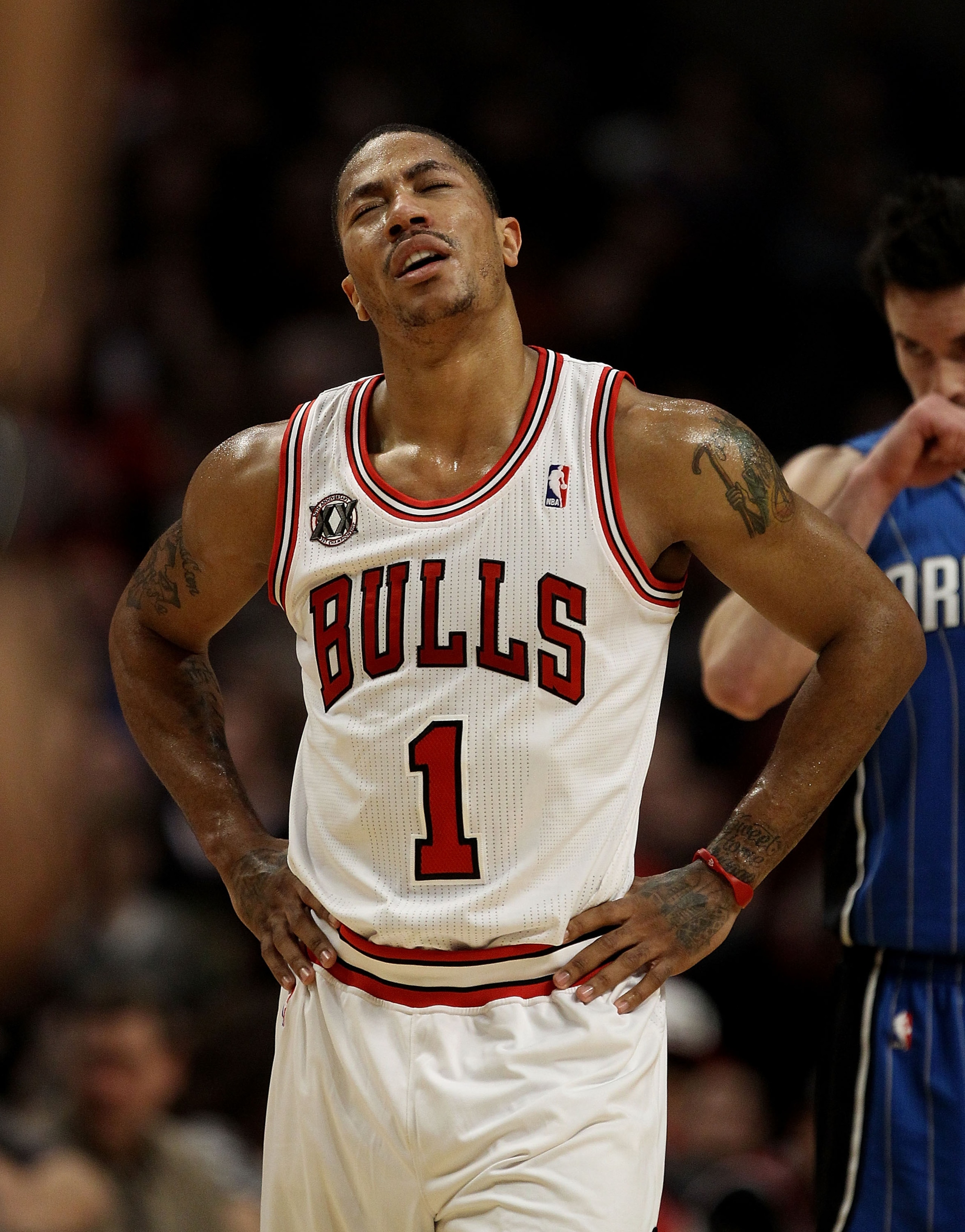 CHICAGO, IL - JANUARY 28: Derrick Rose #1 of the Chicago Bulls reacts after being fouled during a game against the Orlando Magic at the United Center on January 28, 2011 in Chicago, Illinois. The Bulls defeated the Magic 99-90. NOTE TO USER: User expressl