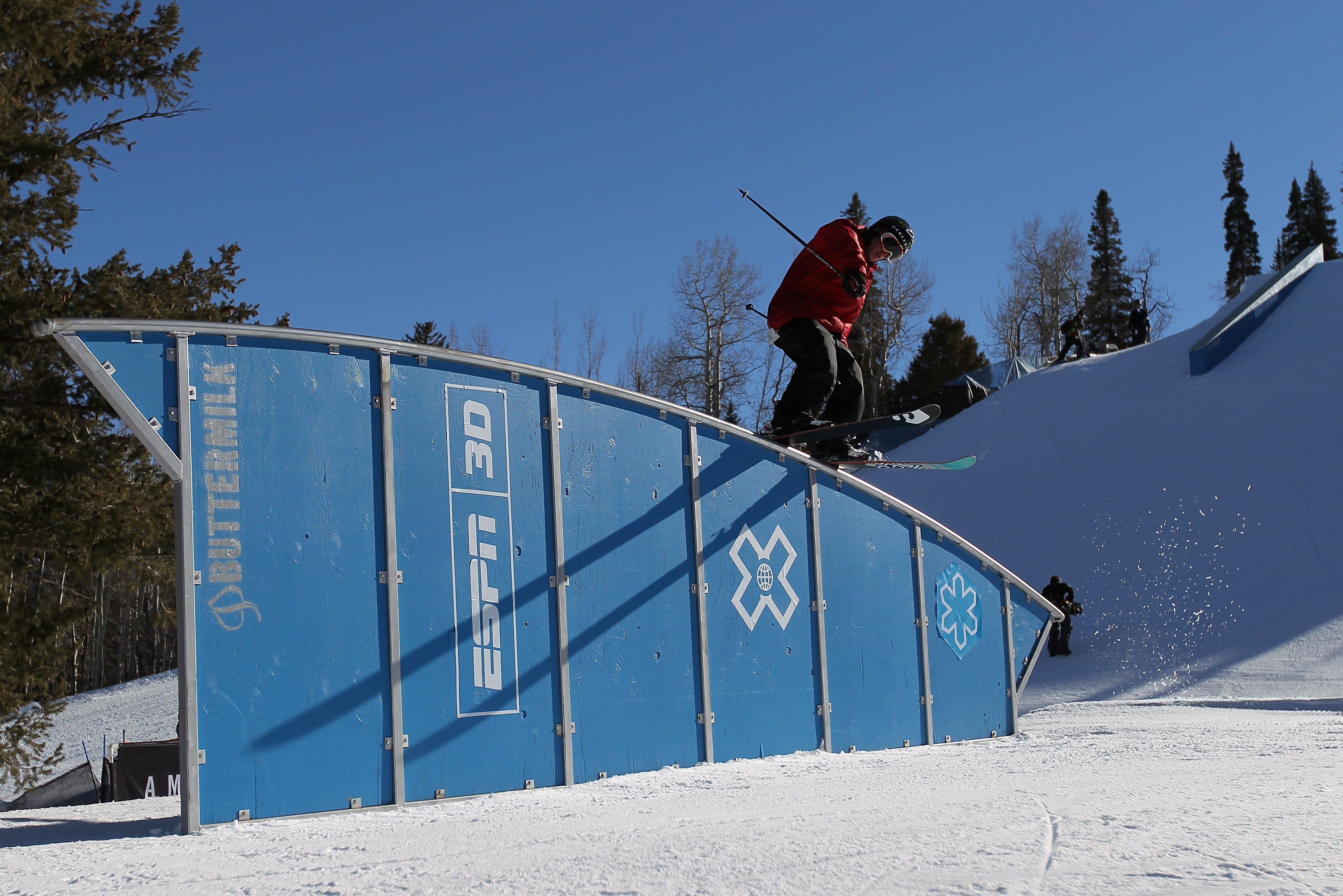 ASPEN, CO - JANUARY 28:  Sammy Carlson of Hood River, Oregon slides over the rainbow rail during practice for Men's Skiing Slopestyle during Winter X Games 15 at Buttermilk Mountain on January 28, 2011 in Aspen, Colorado.  (Photo by Doug Pensinger/Getty I