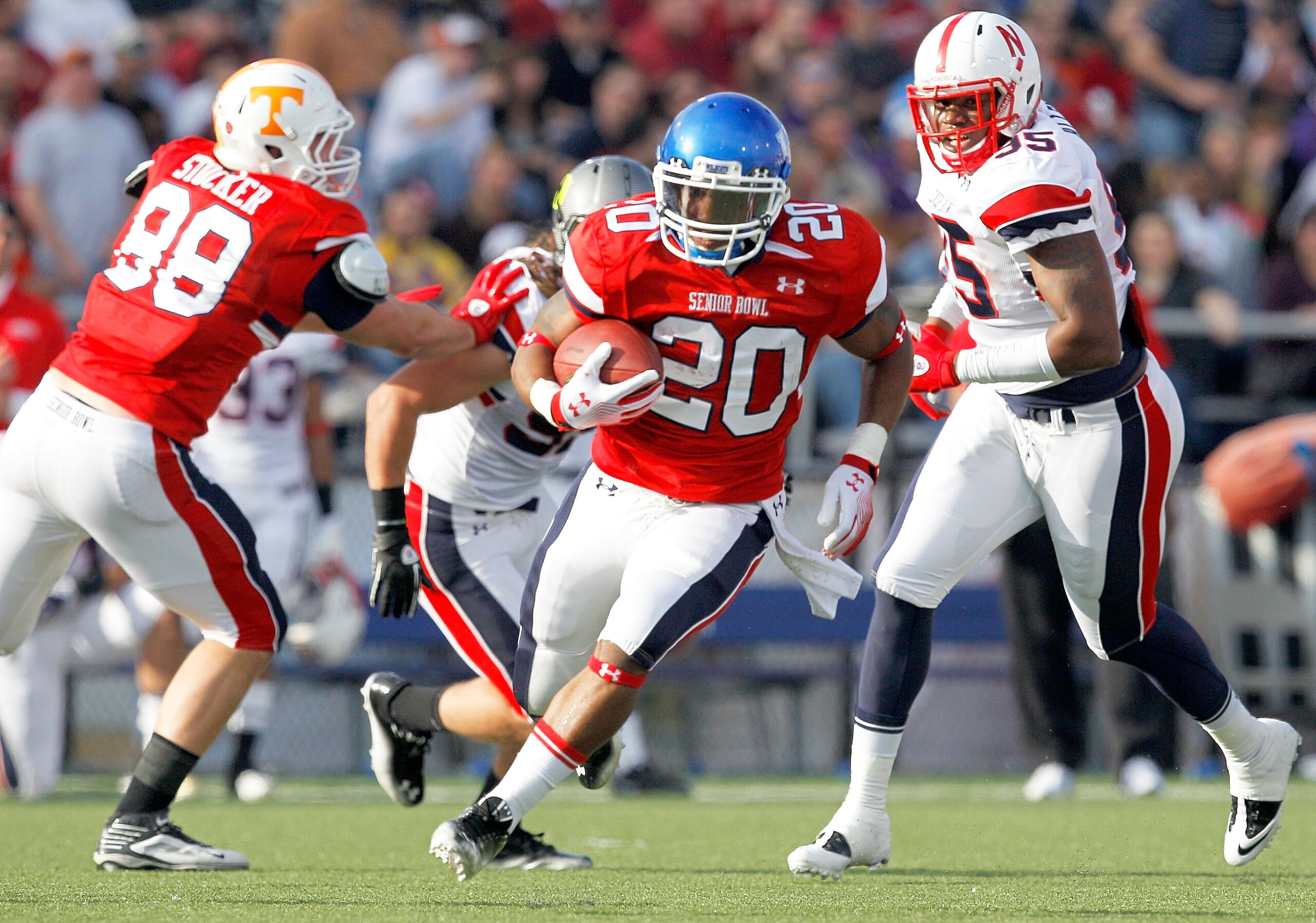 MOBILE, AL - JANUARY 29: Running back Derrick Locke #20 of the South Team runs for a fist down against the North Team during the second quarter of the Under Armour Senior Bowl January 29, 2011 at Ladd Peebles Stadium in Mobile, Alabama.  (Photo by Sean Ga